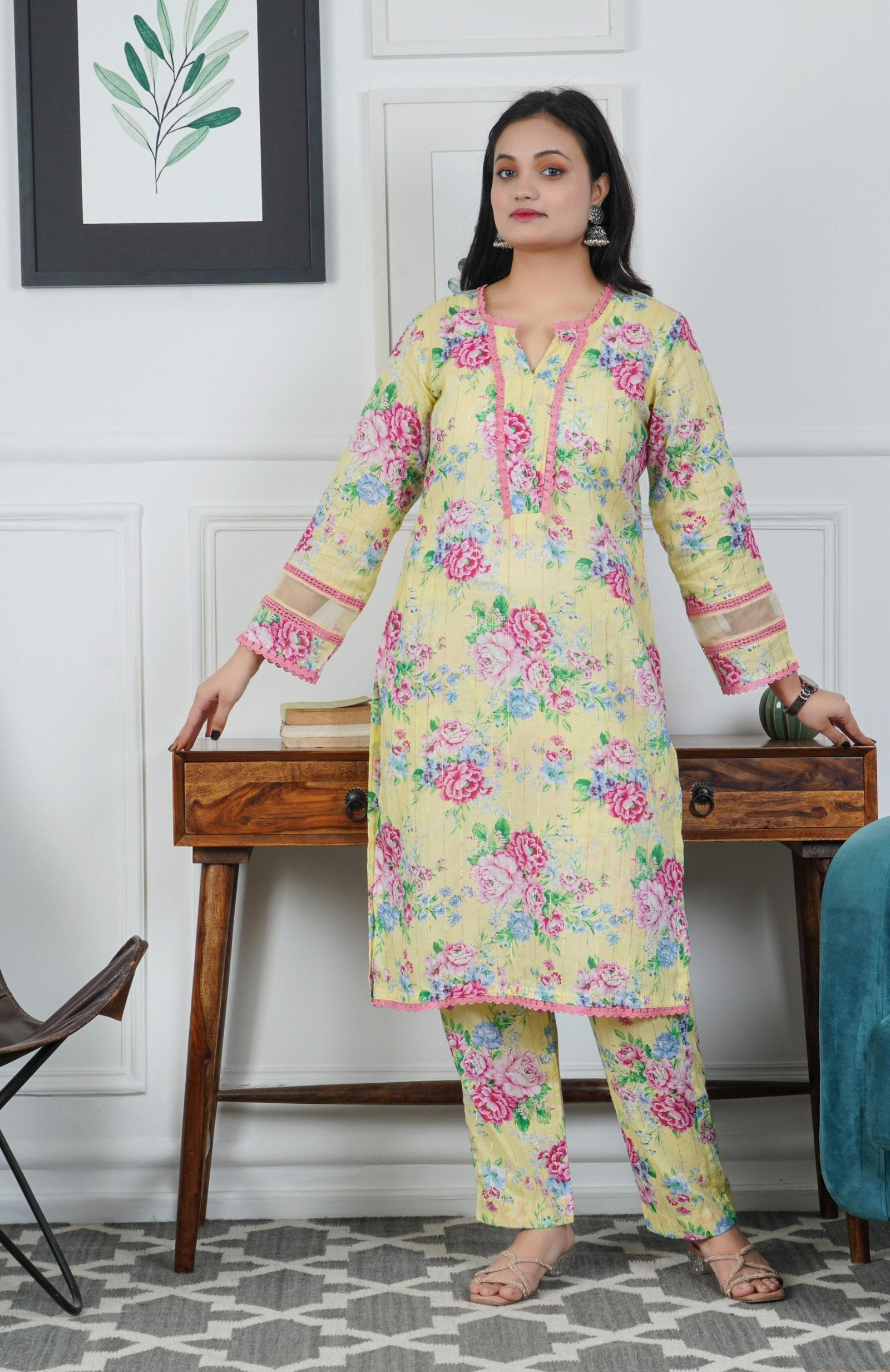 Yellow Floral Printed Cotton Kurta with Trouser