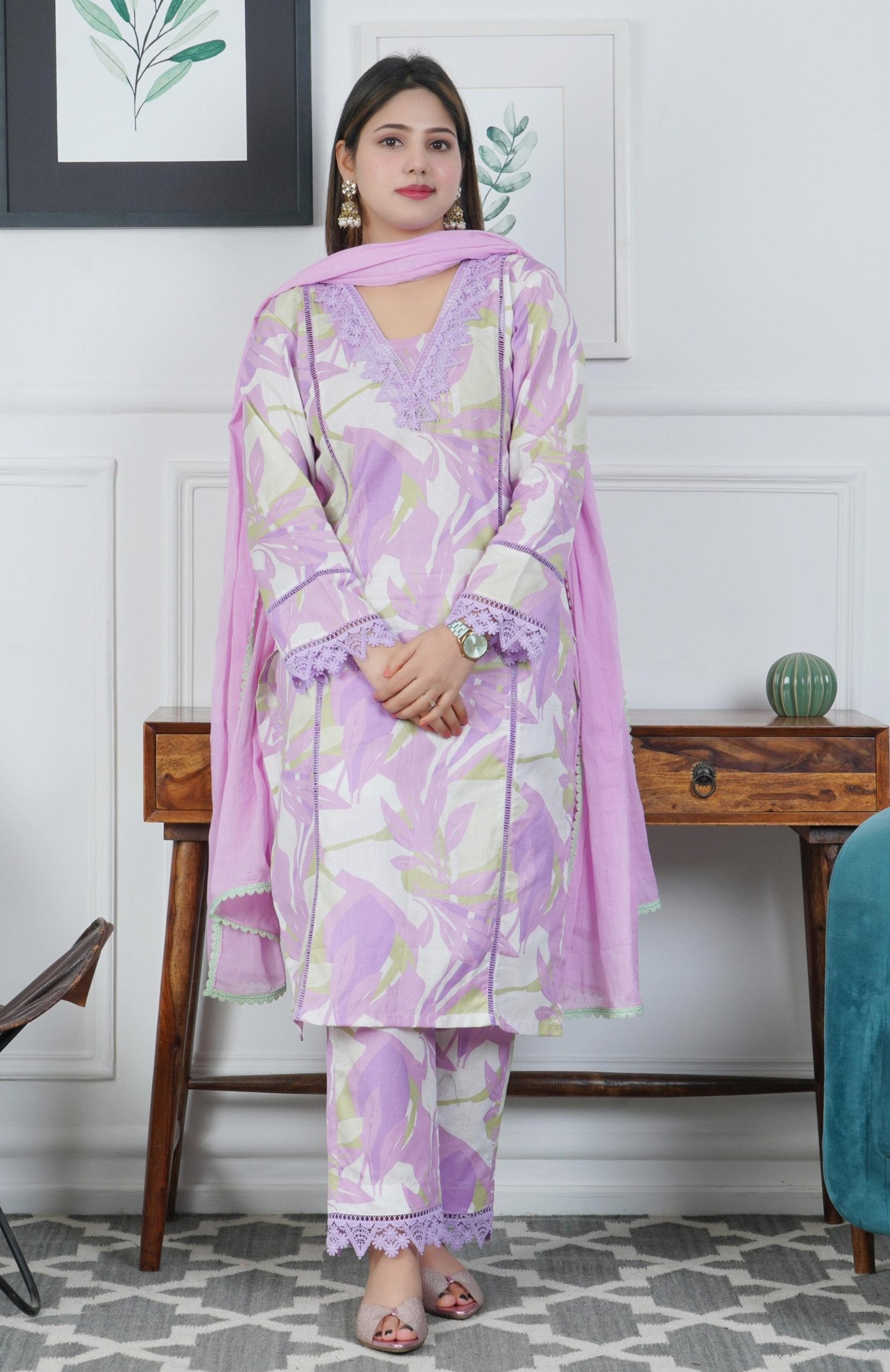 Lilac Floral Printed Cotton 3 piece dress