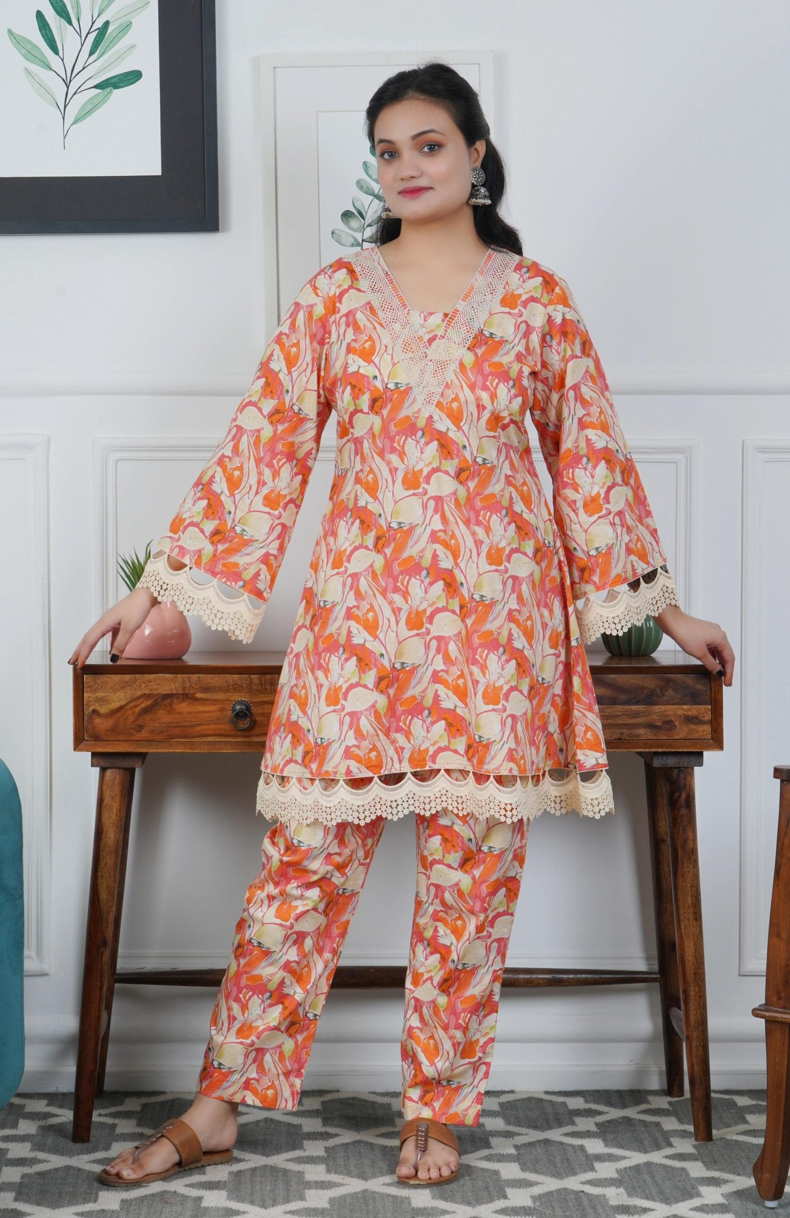 Orange Floral Printed Cotton A-line Kurta With Trouser