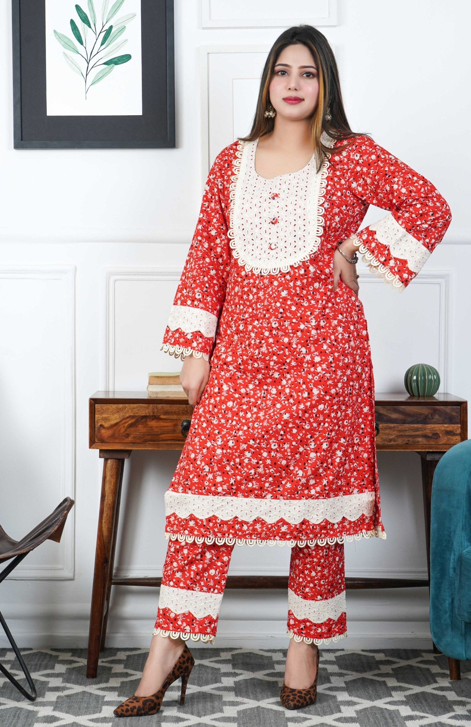 Red Printed Cotton Kurta with Trouser