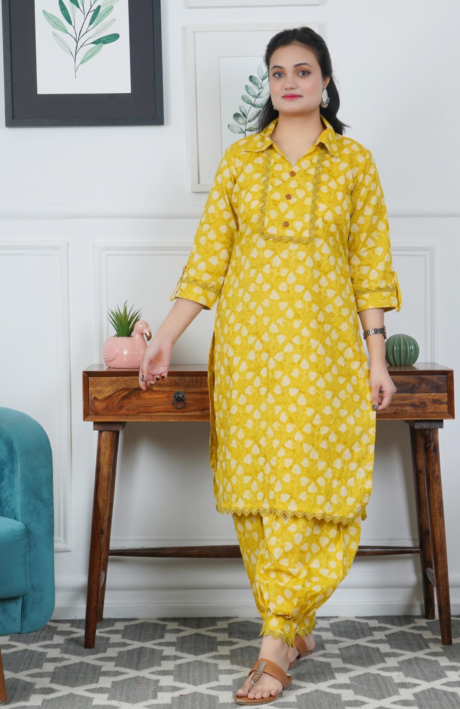 Yellow Printed Afghani Style Co-ord Set