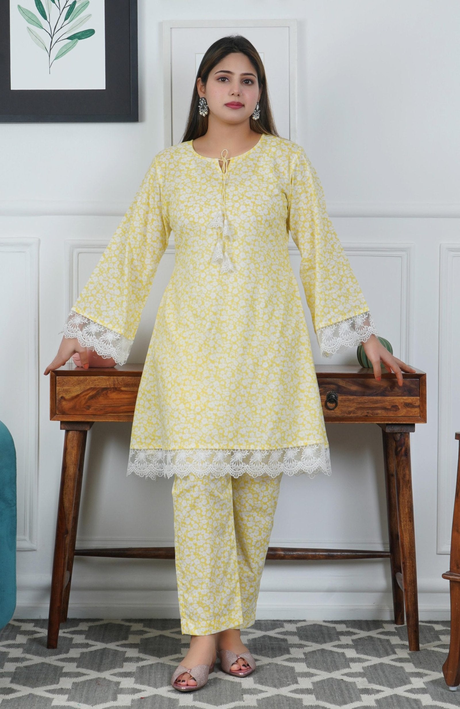 Yellow A line Printed Cotton 2-Piece Dress