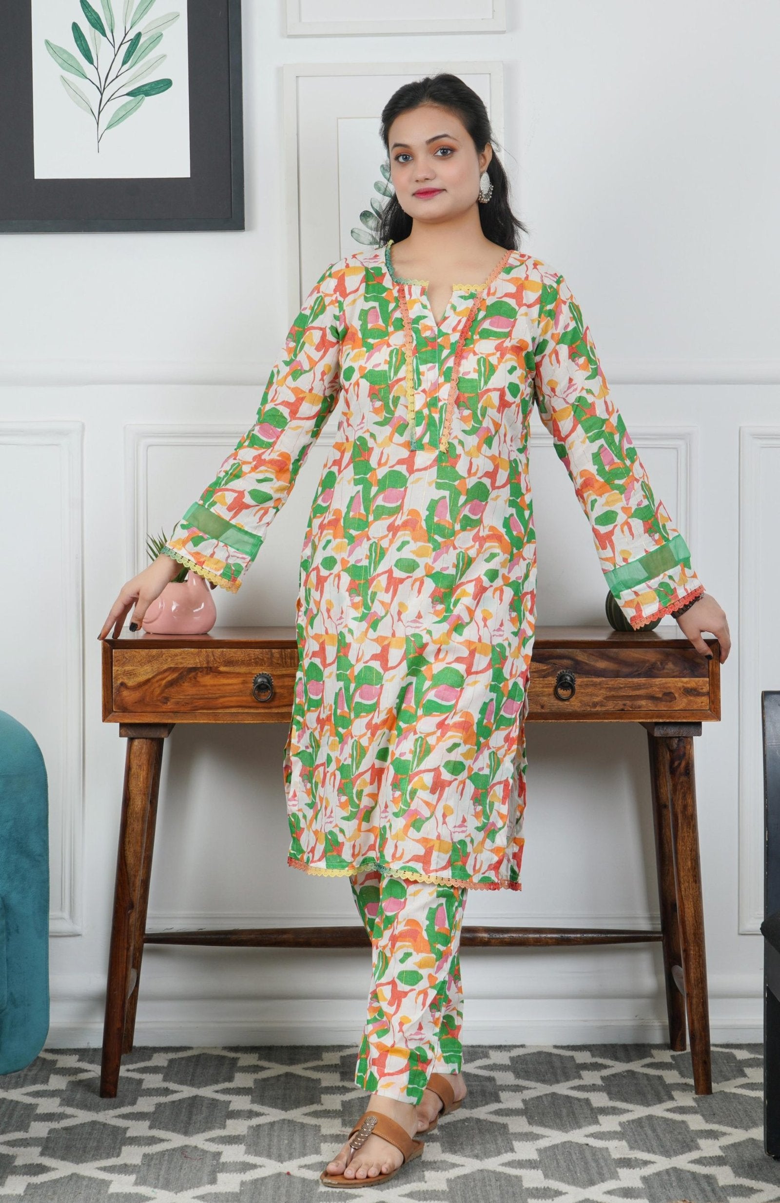 Green Printed Cotton Kurta with Trouser