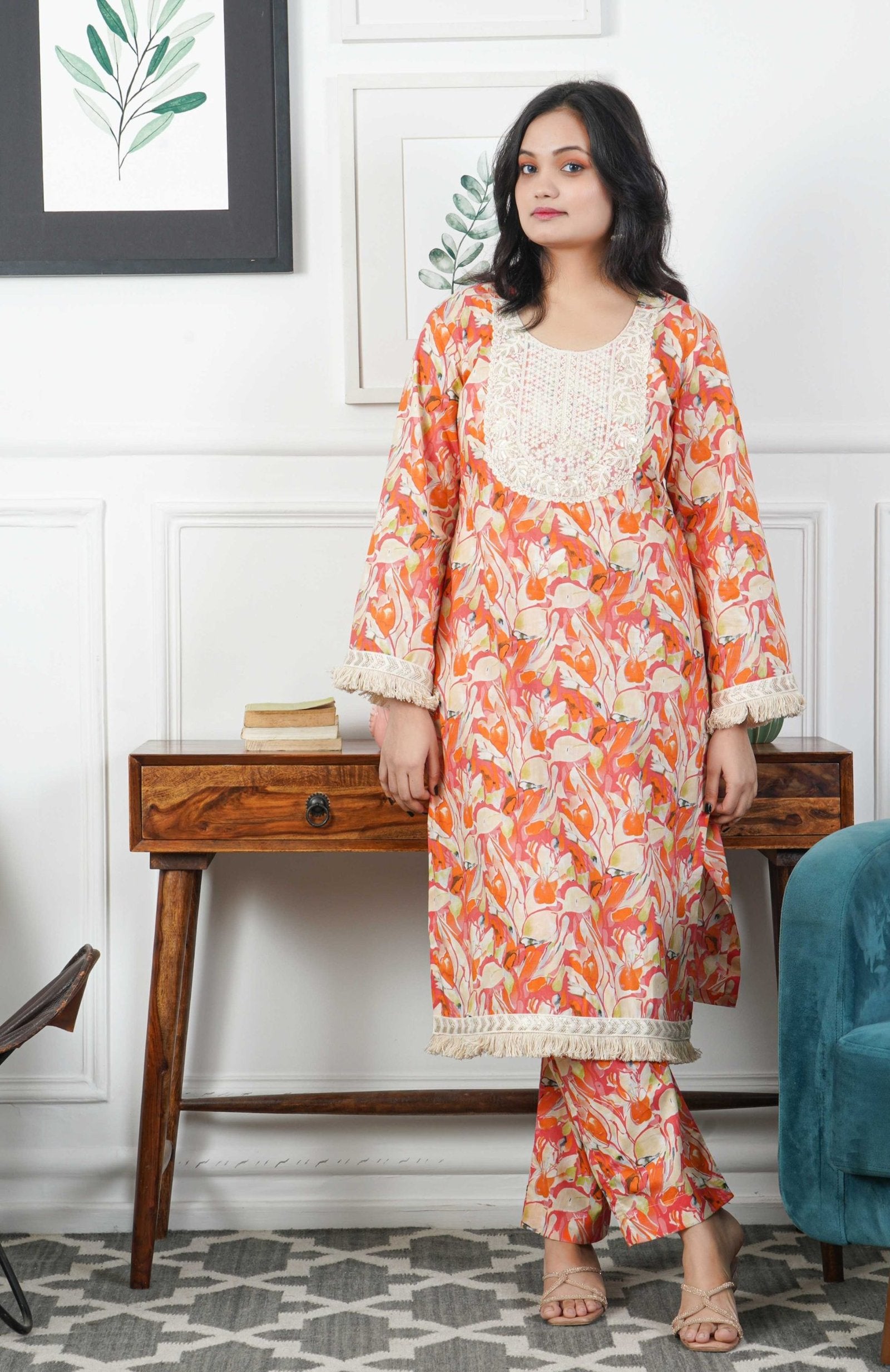 Orange Floral Printed Cotton Kurta with Trouser