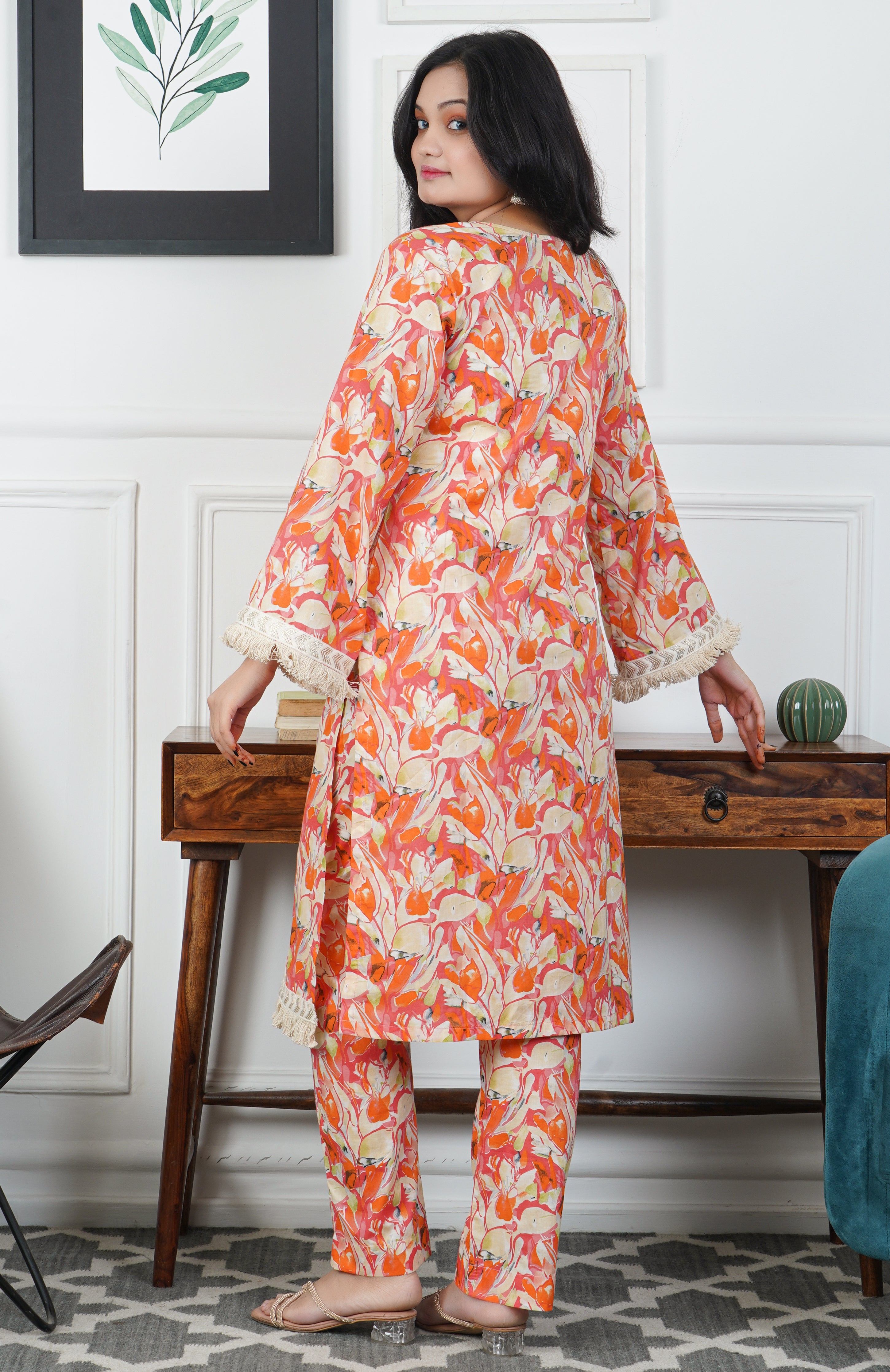 Orange Floral Printed Cotton Kurta with Trouser