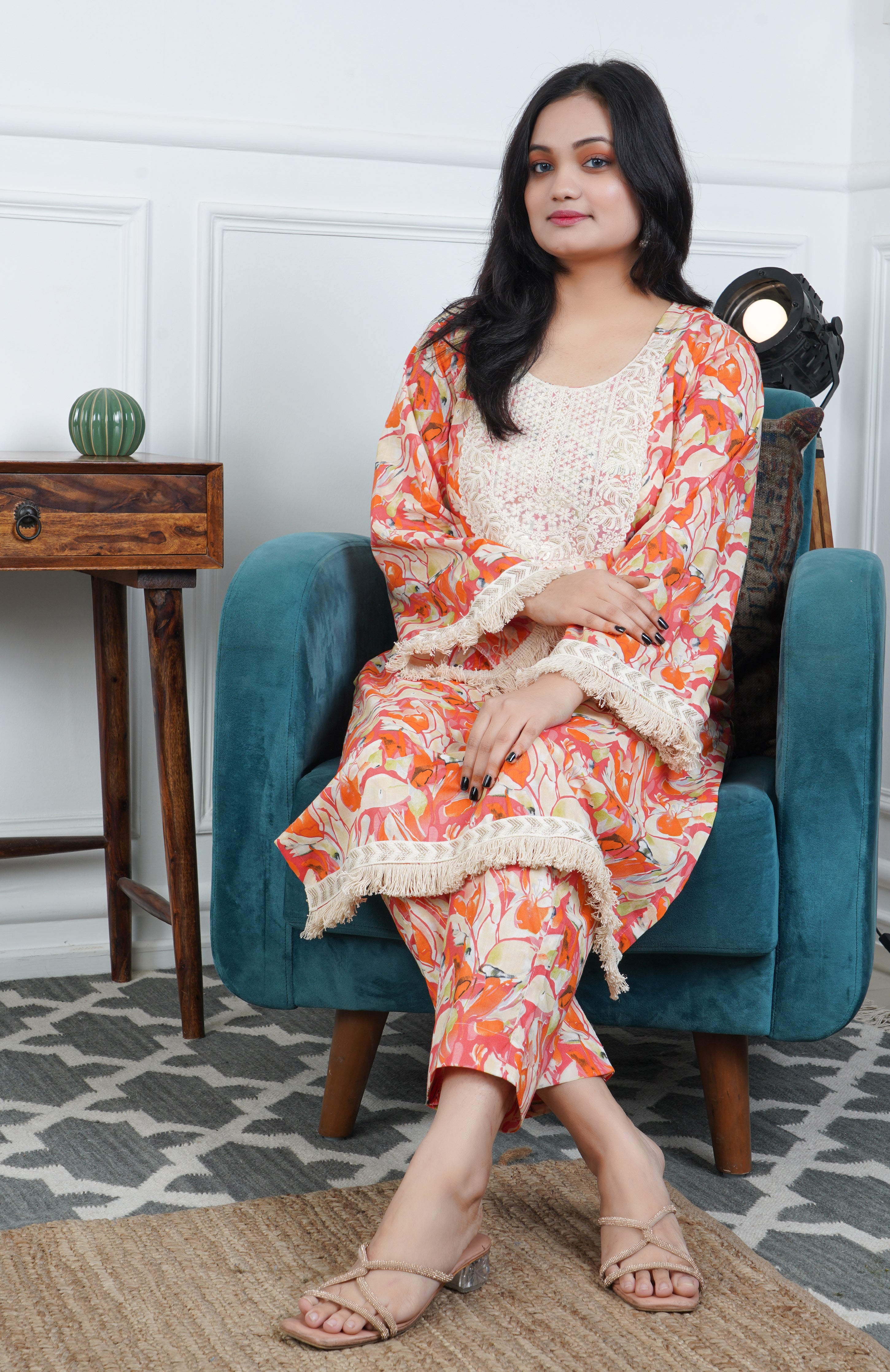 Orange Floral Printed Cotton Kurta with Trouser