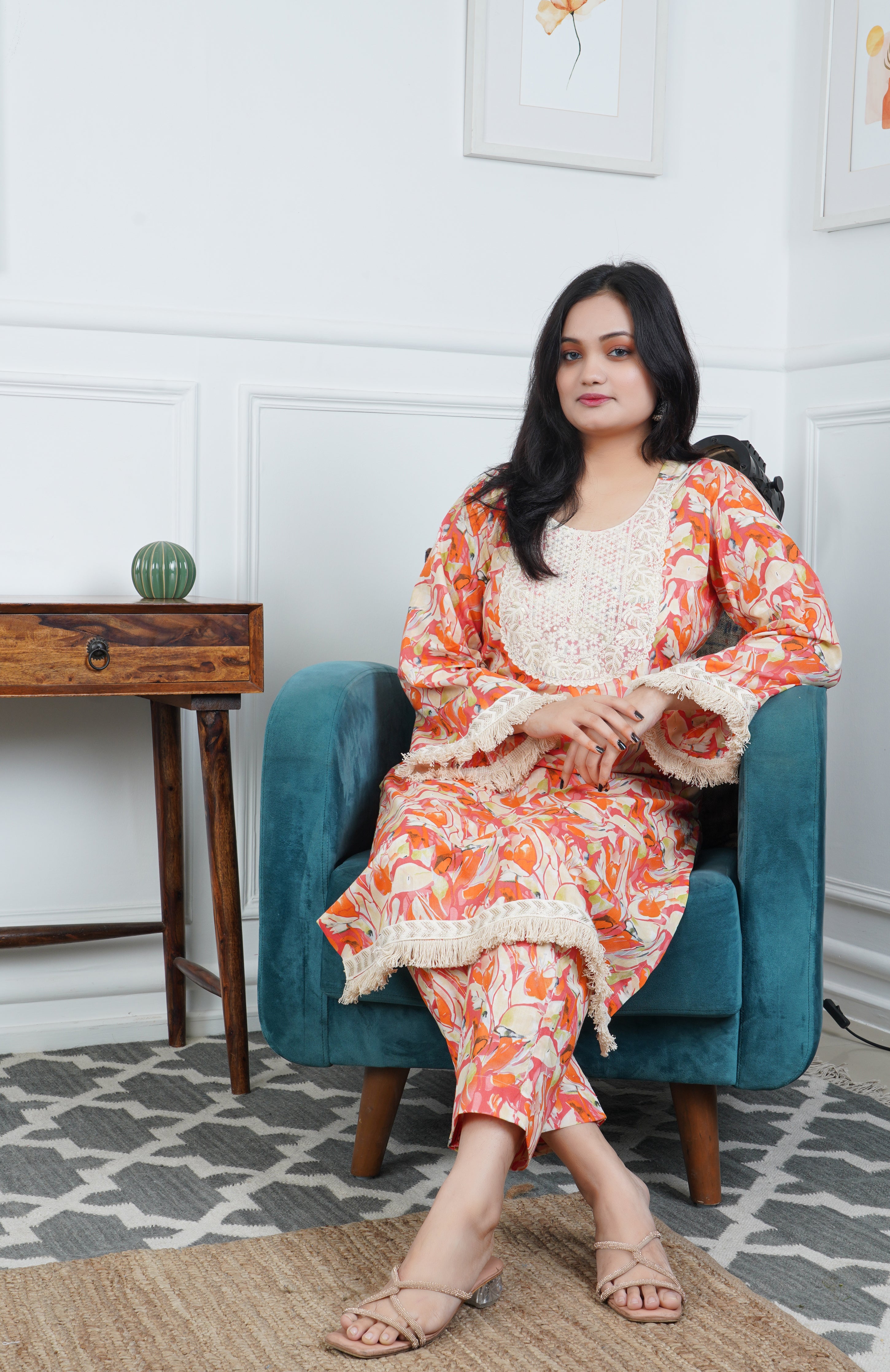 Orange Floral Printed Cotton Kurta with Trouser