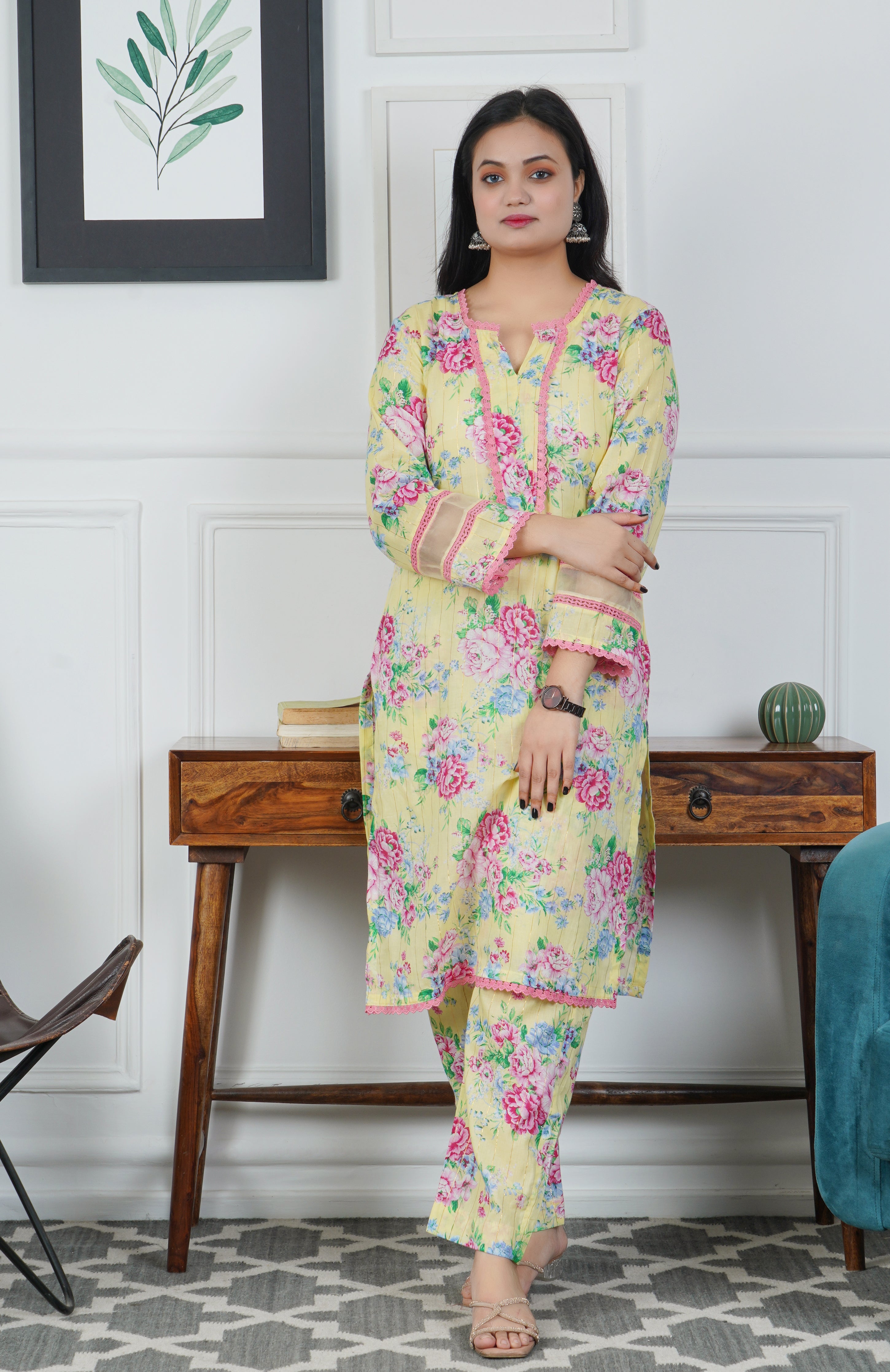Yellow Floral Printed Cotton Kurta with Trouser