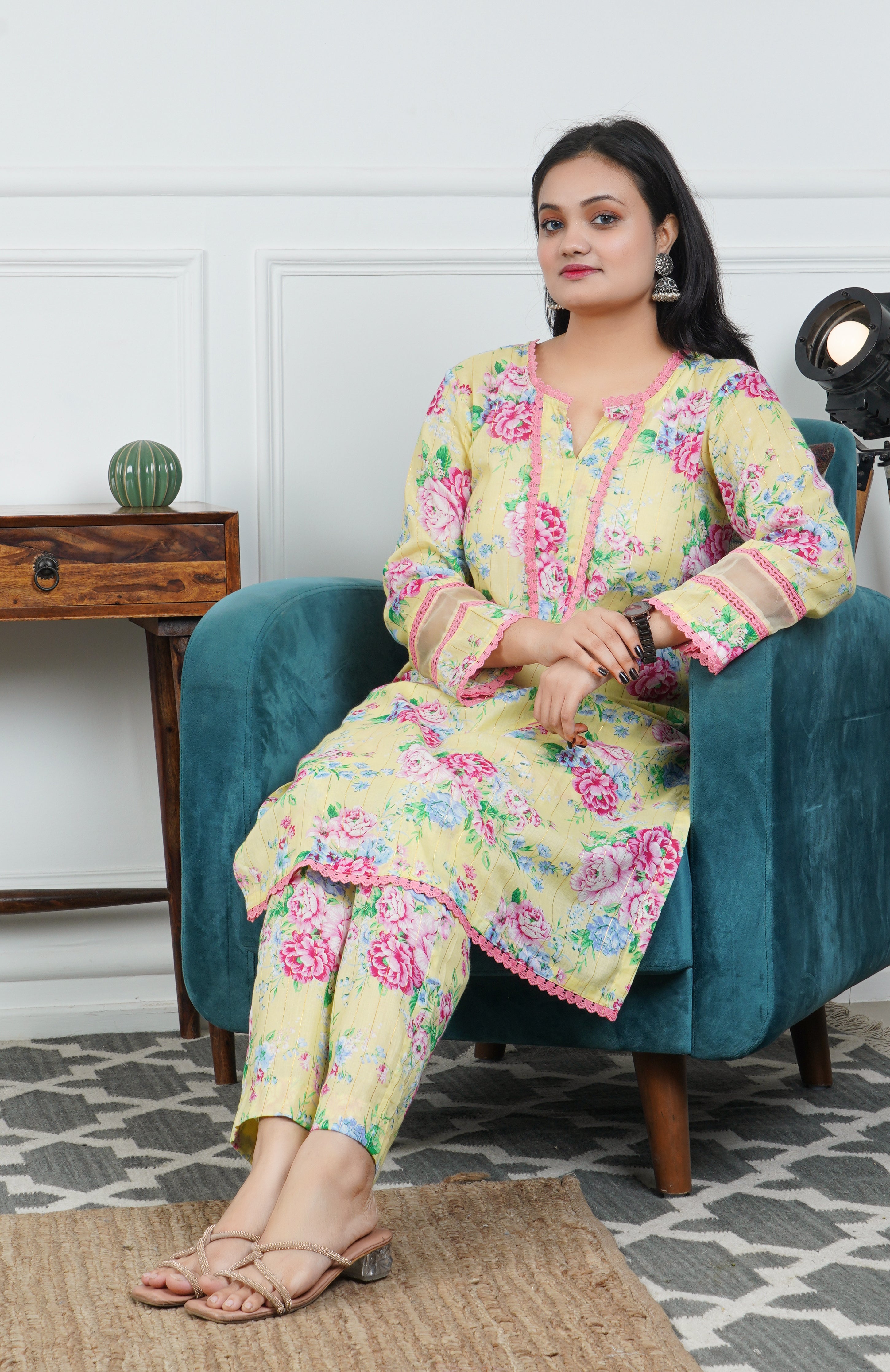Yellow Floral Printed Cotton Kurta with Trouser