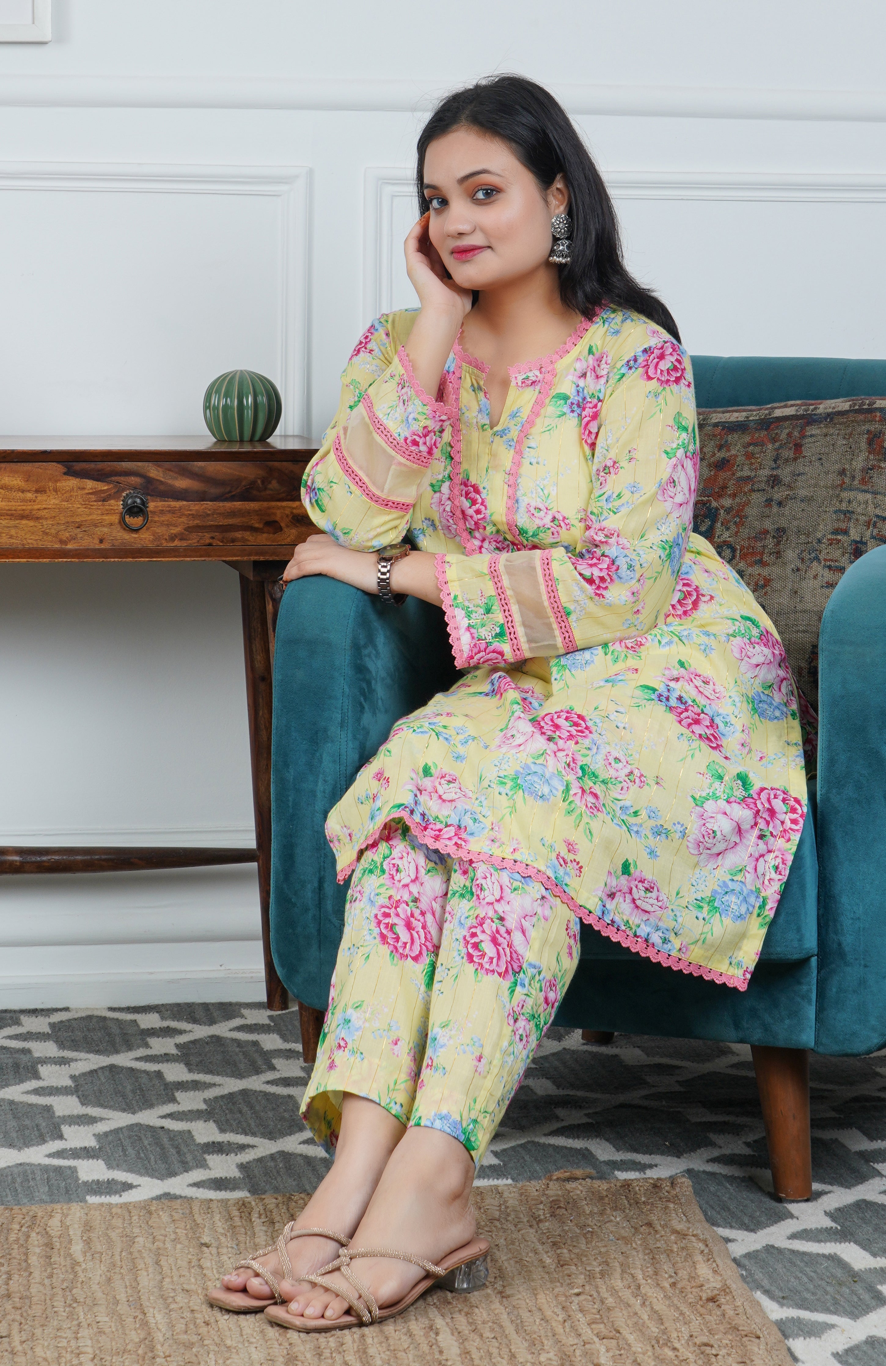 Yellow Floral Printed Cotton Kurta with Trouser