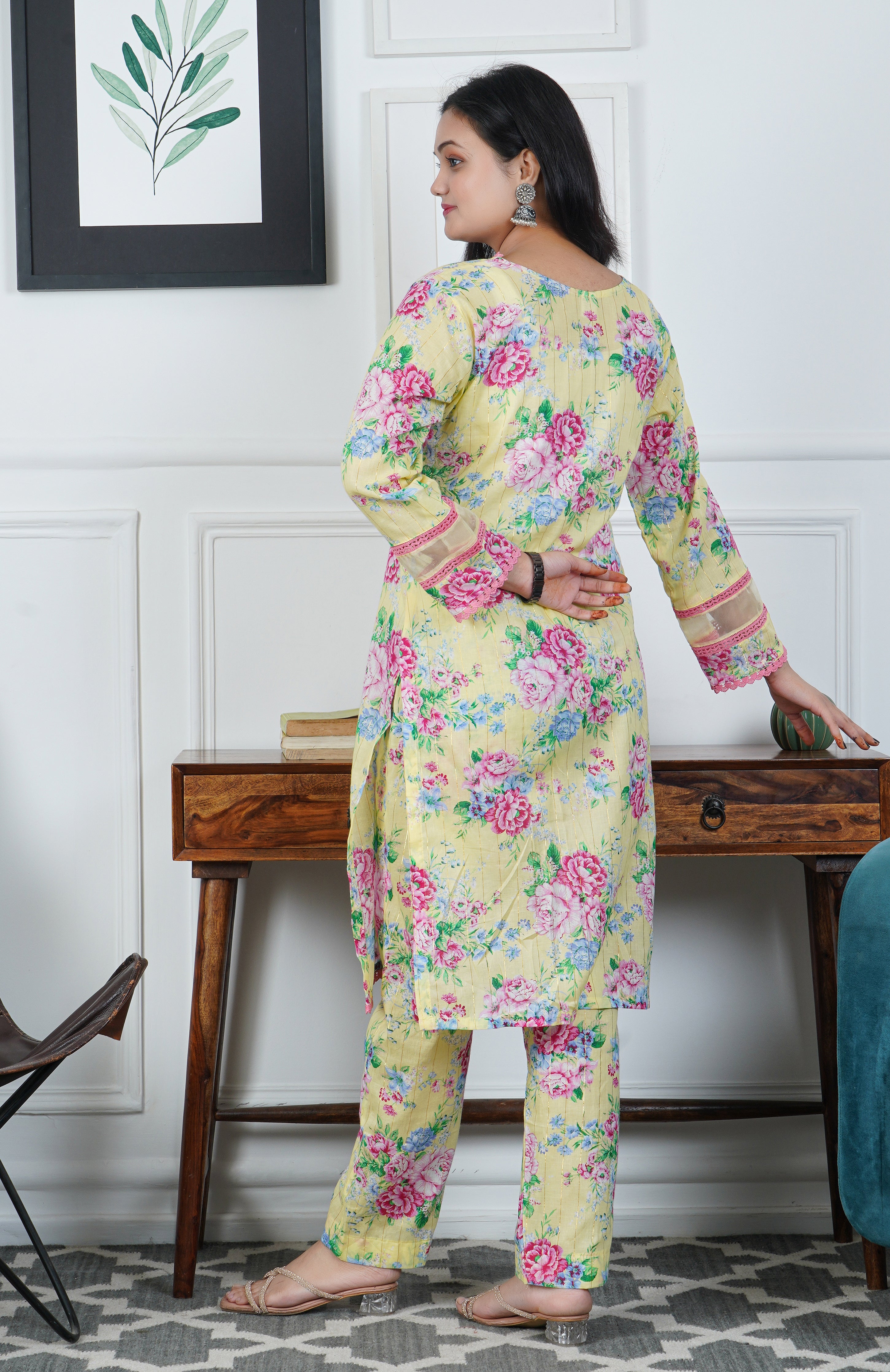 Yellow Floral Printed Cotton Kurta with Trouser