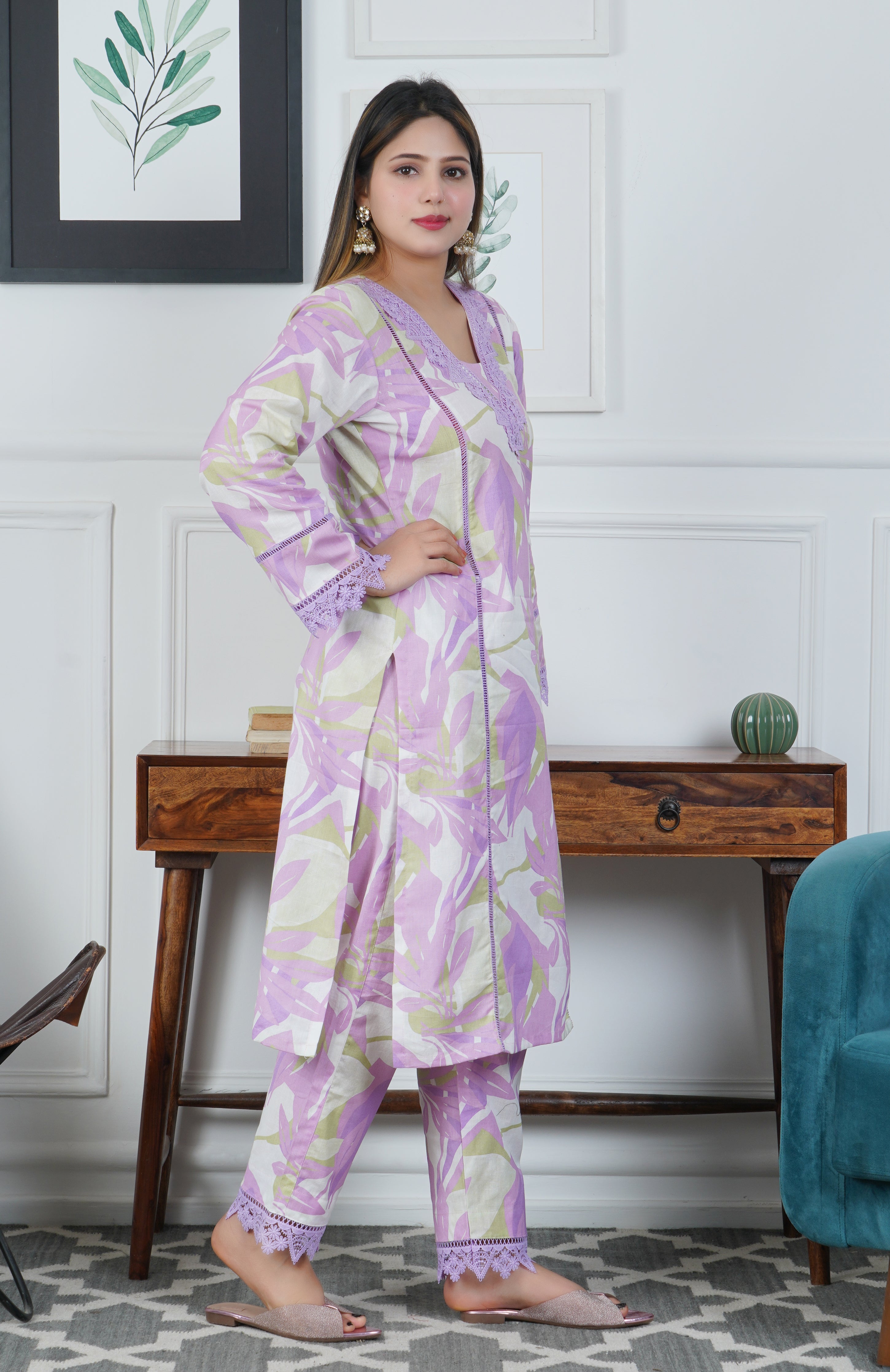 Lilac Floral Printed Cotton 3 piece dress