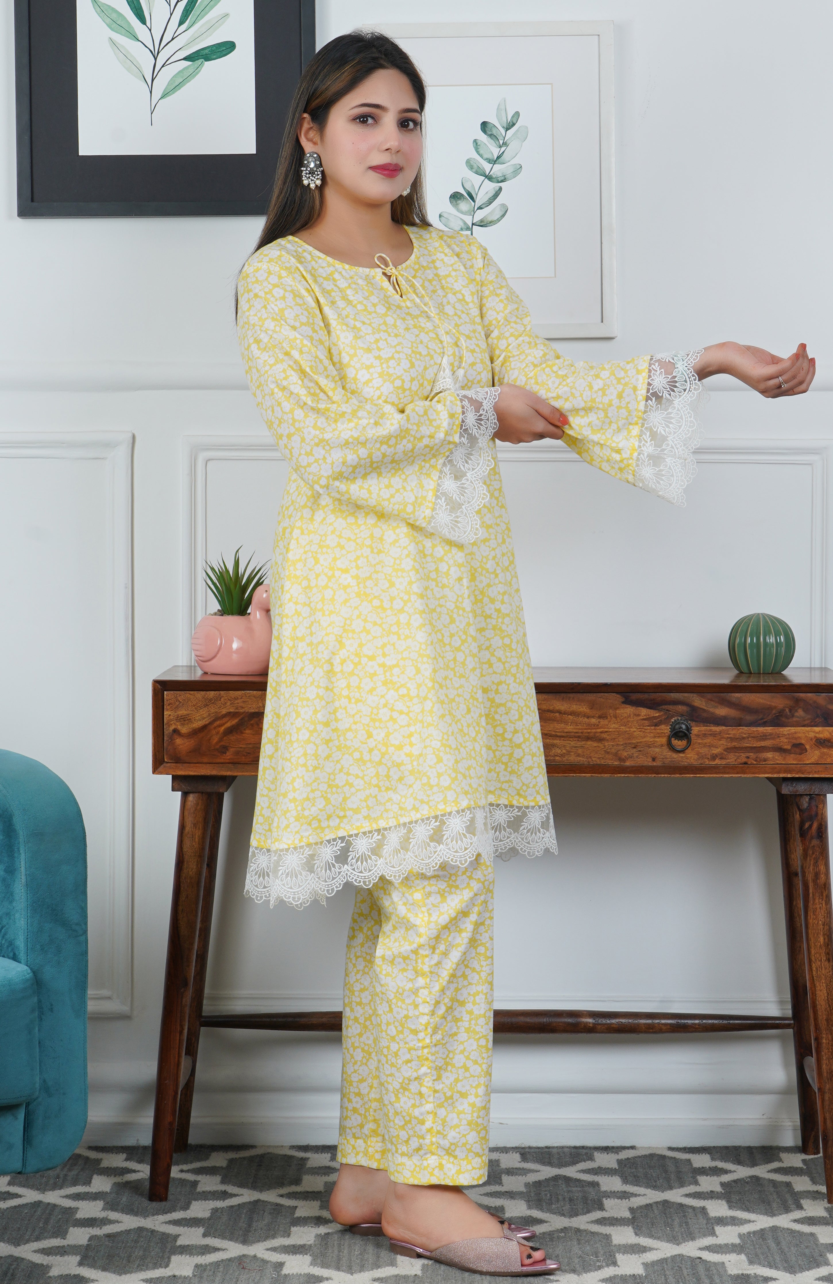 Yellow A line Printed Cotton 2-Piece Dress