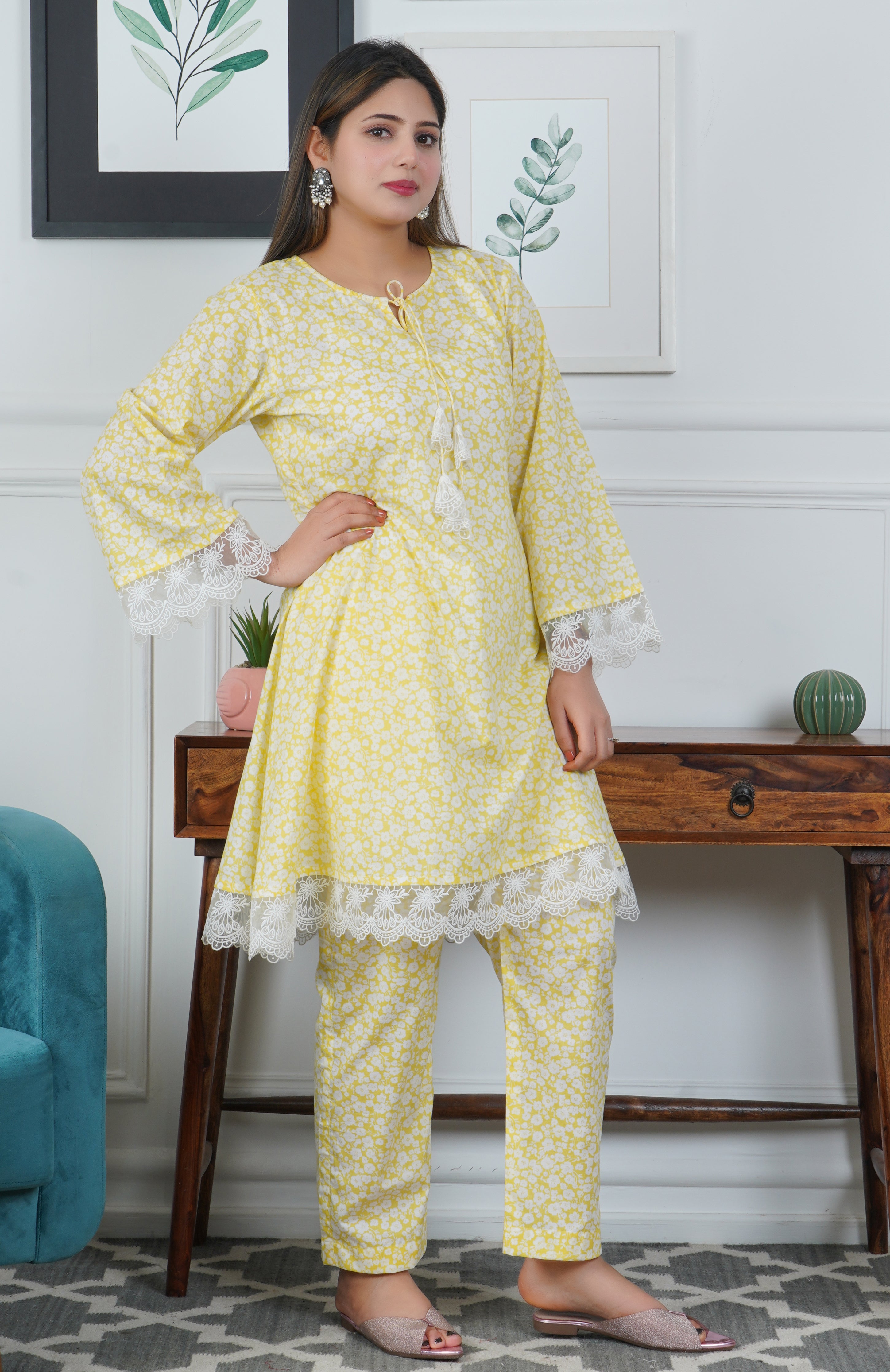 Yellow A line Printed Cotton 2-Piece Dress