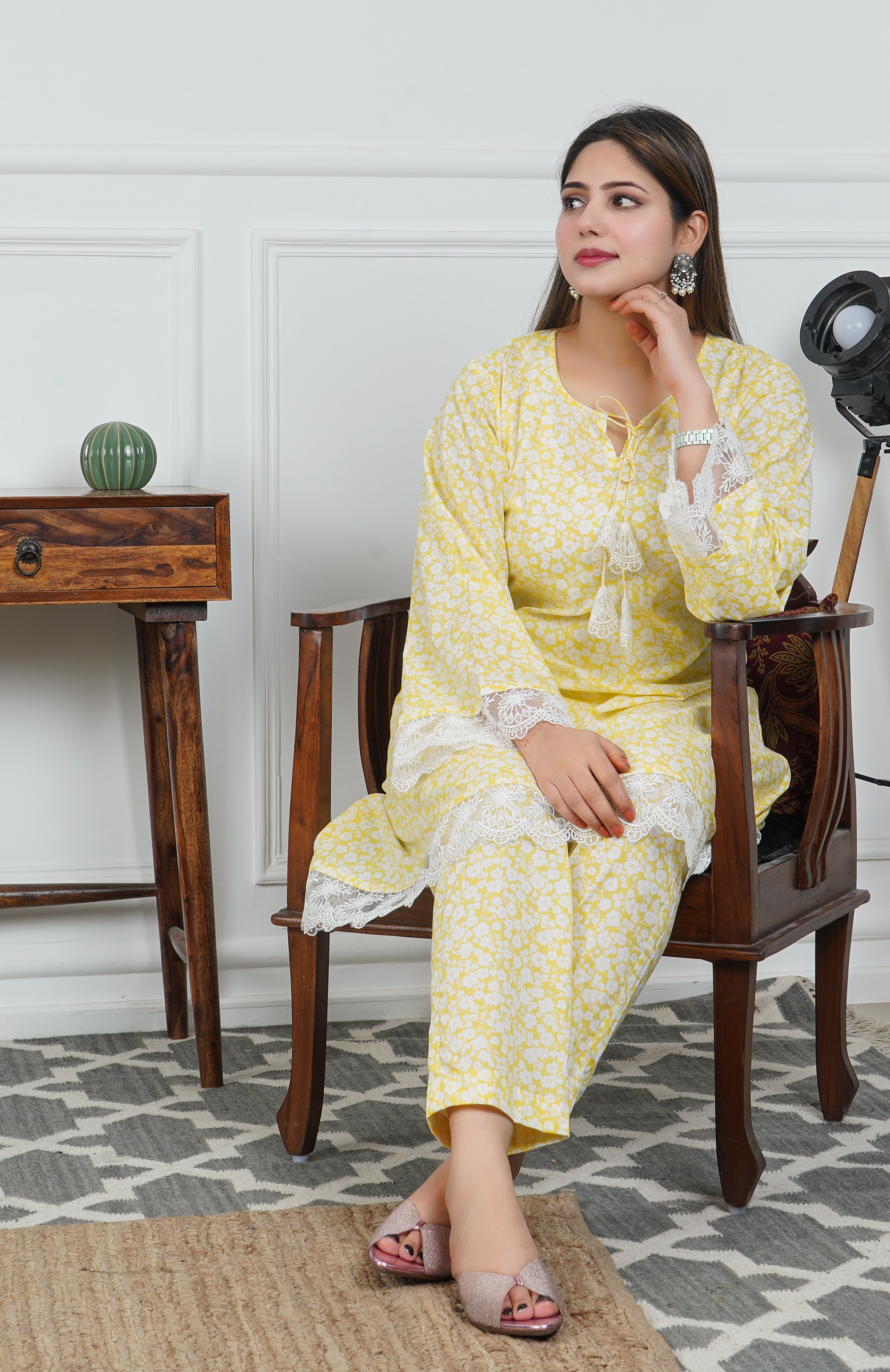 Yellow A line Printed Cotton 2-Piece Dress