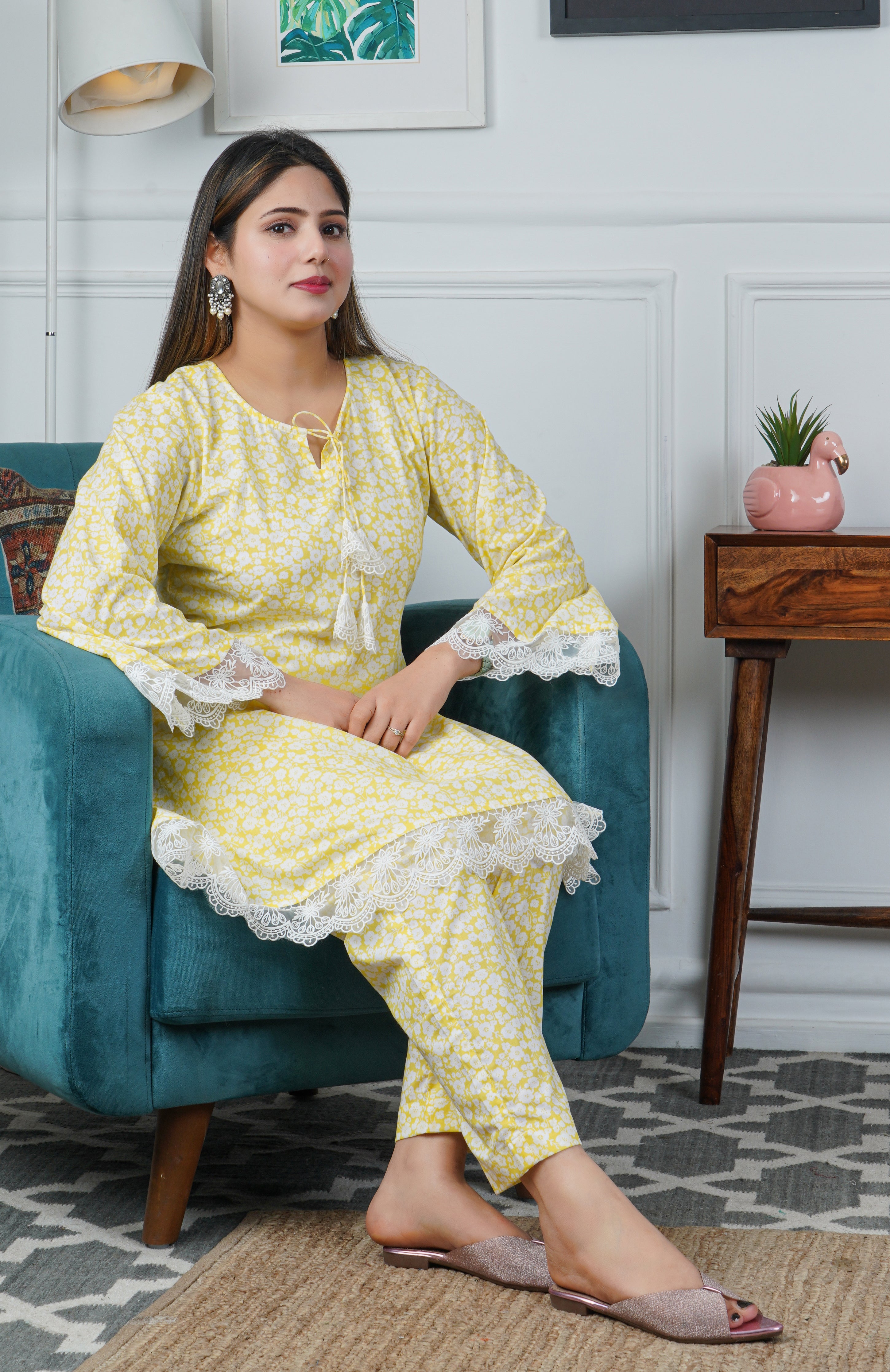 Yellow A line Printed Cotton 2-Piece Dress