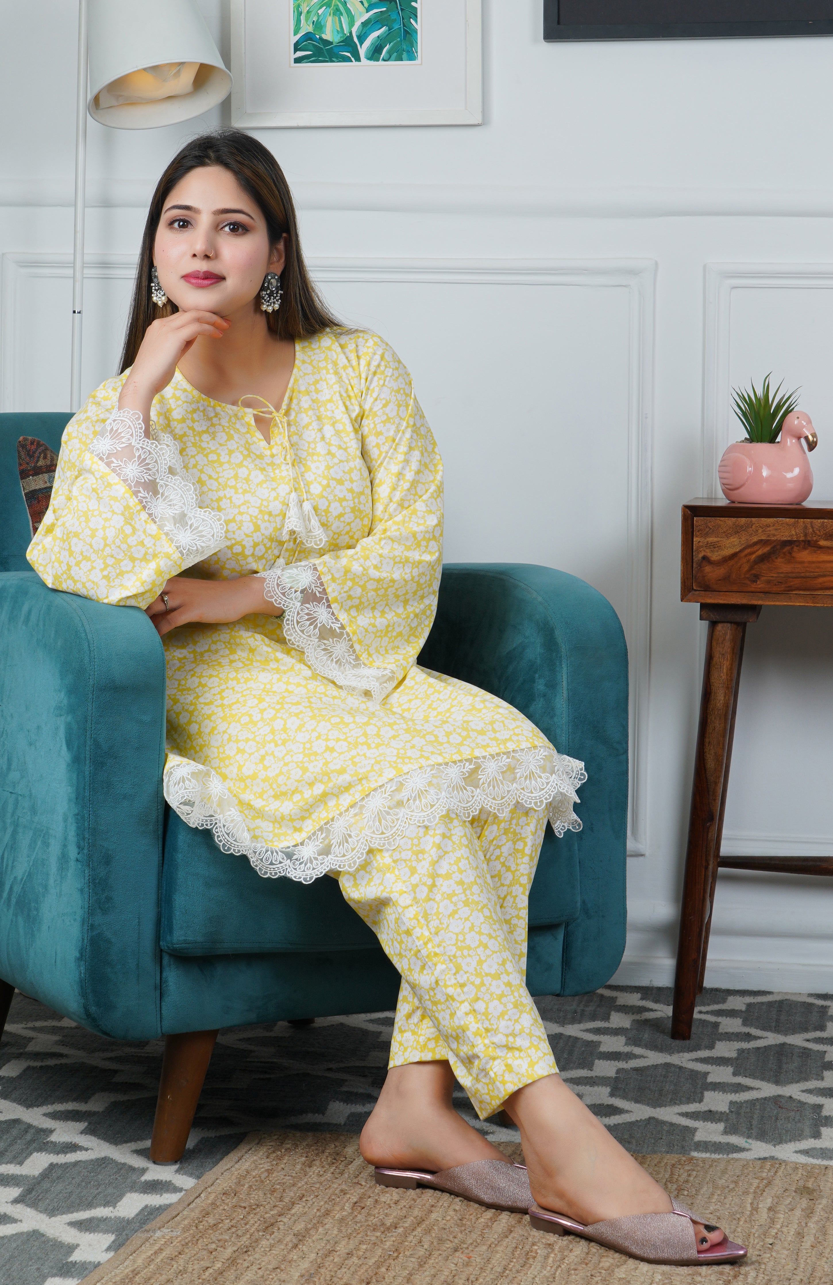 Yellow A line Printed Cotton 2-Piece Dress