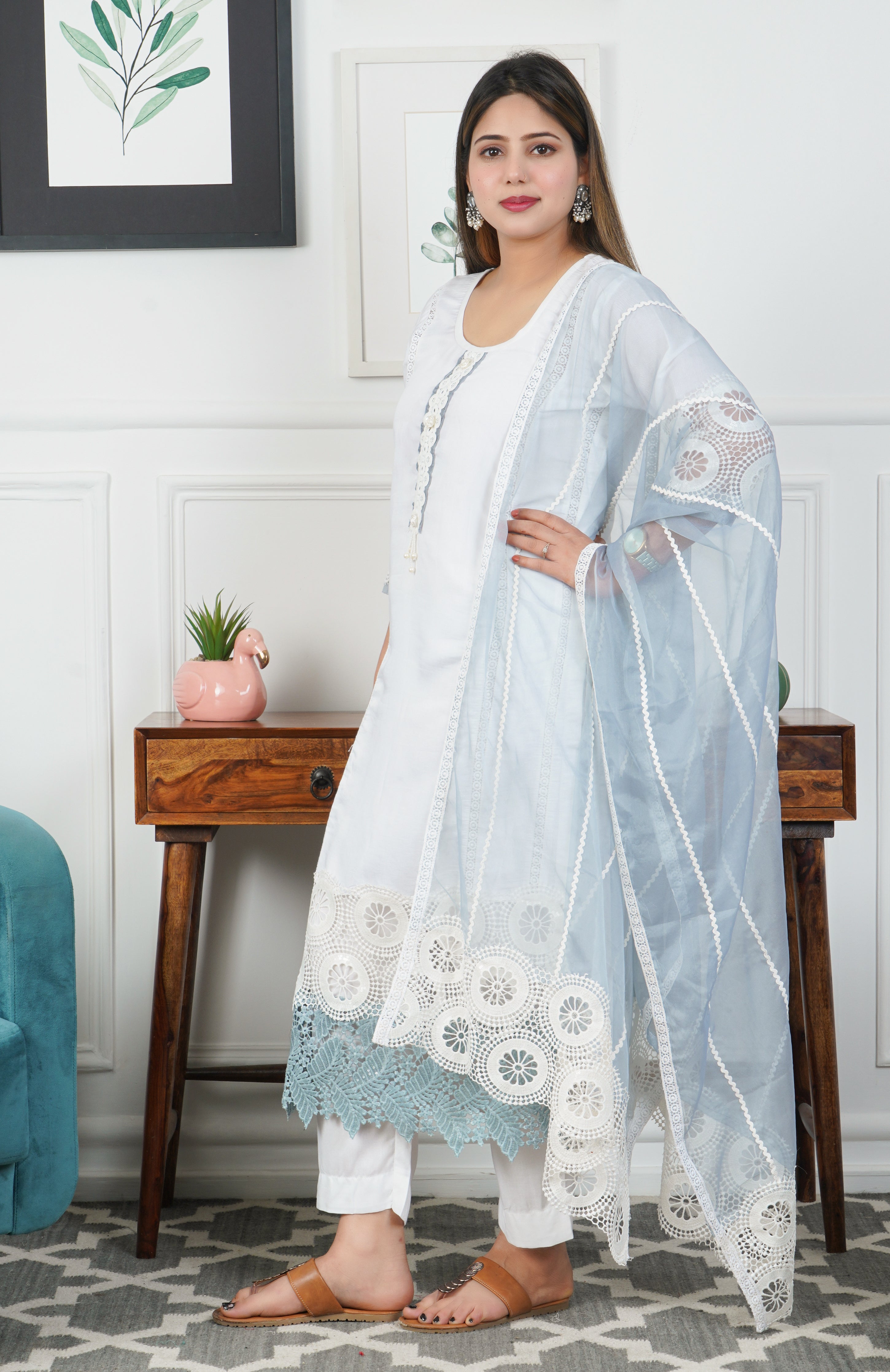 White glaze Cotton 3 piece dress