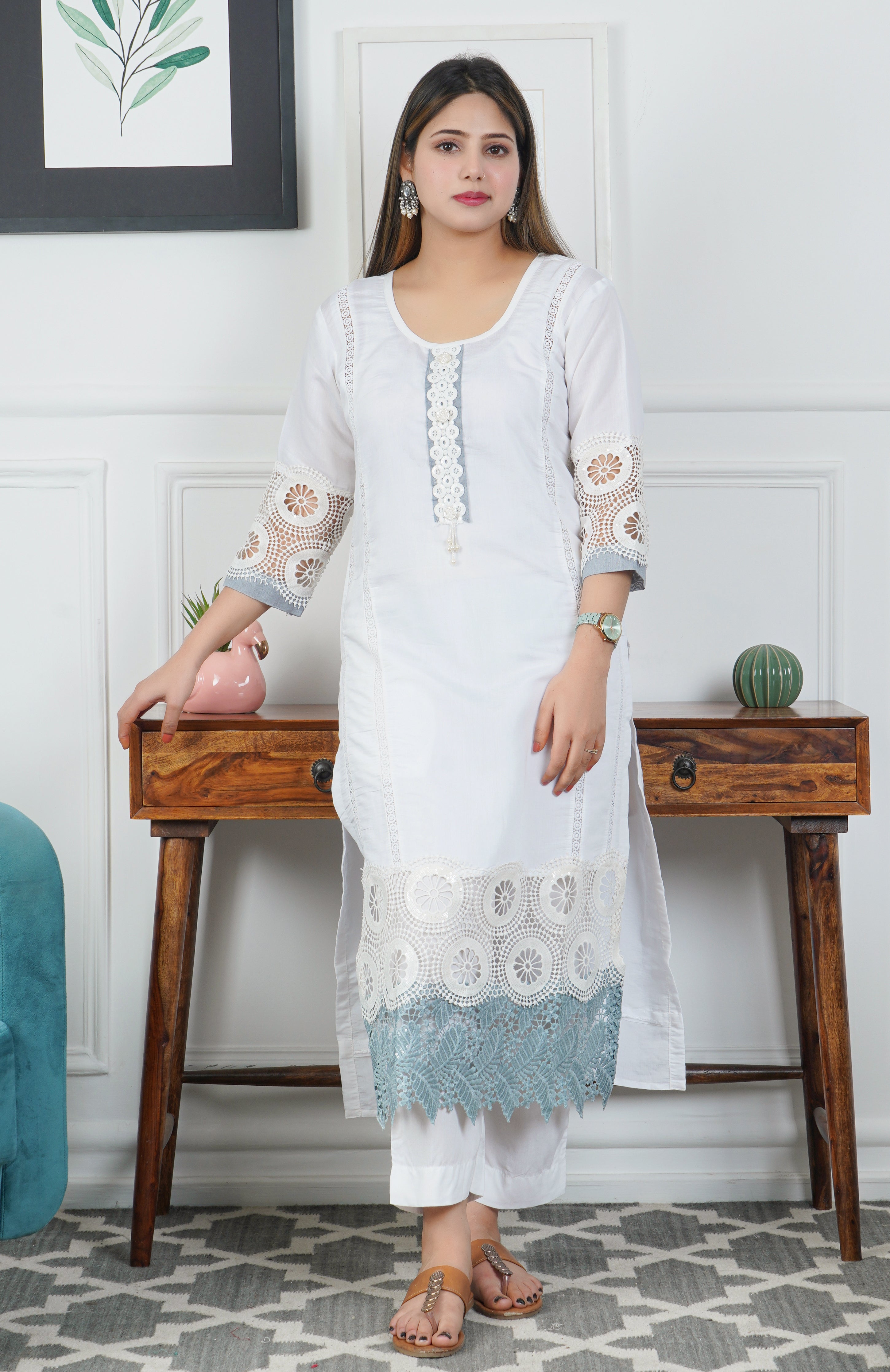 White glaze Cotton 3 piece dress