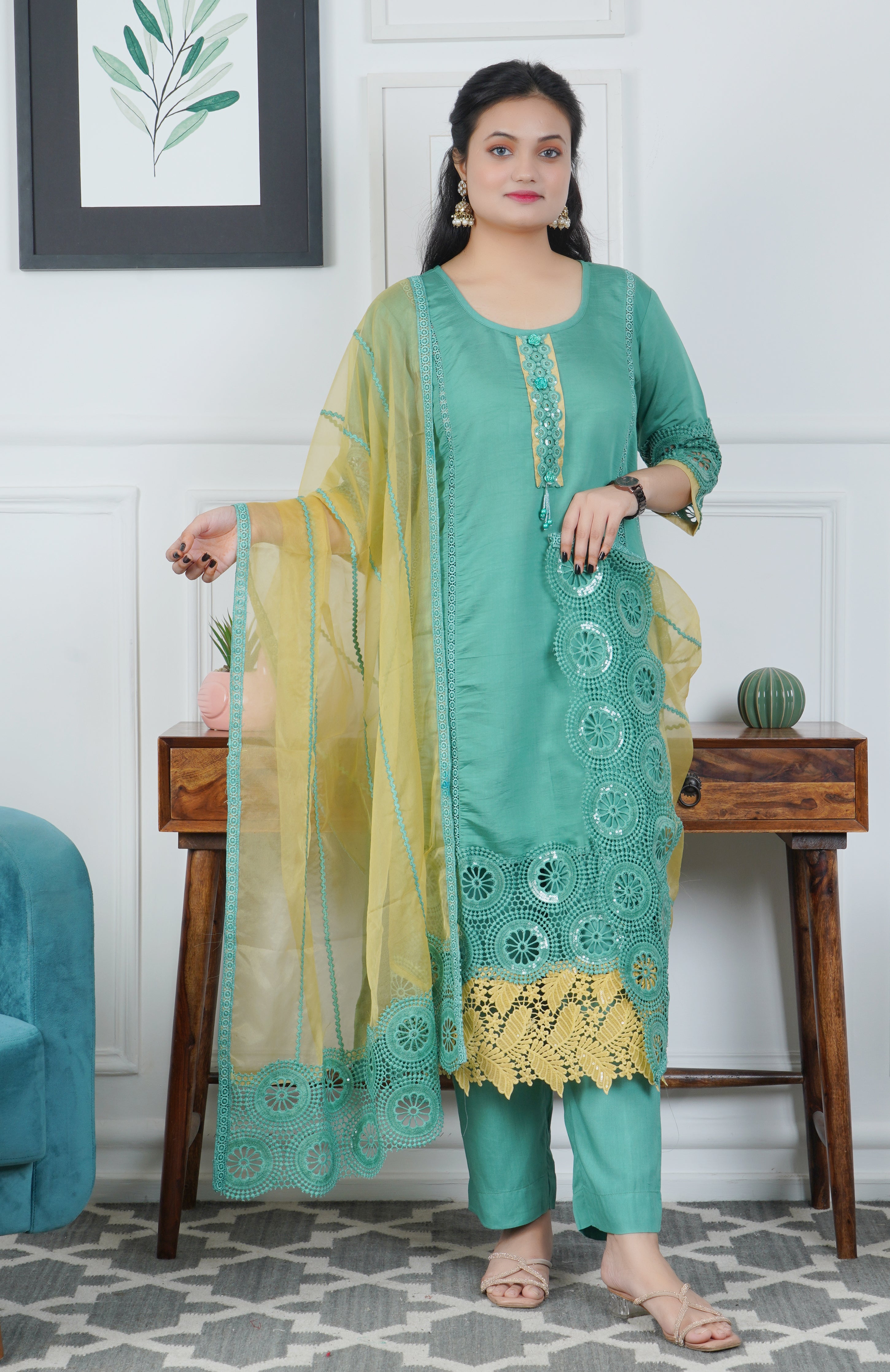 Green Glaze Cotton 3-Piece Dress