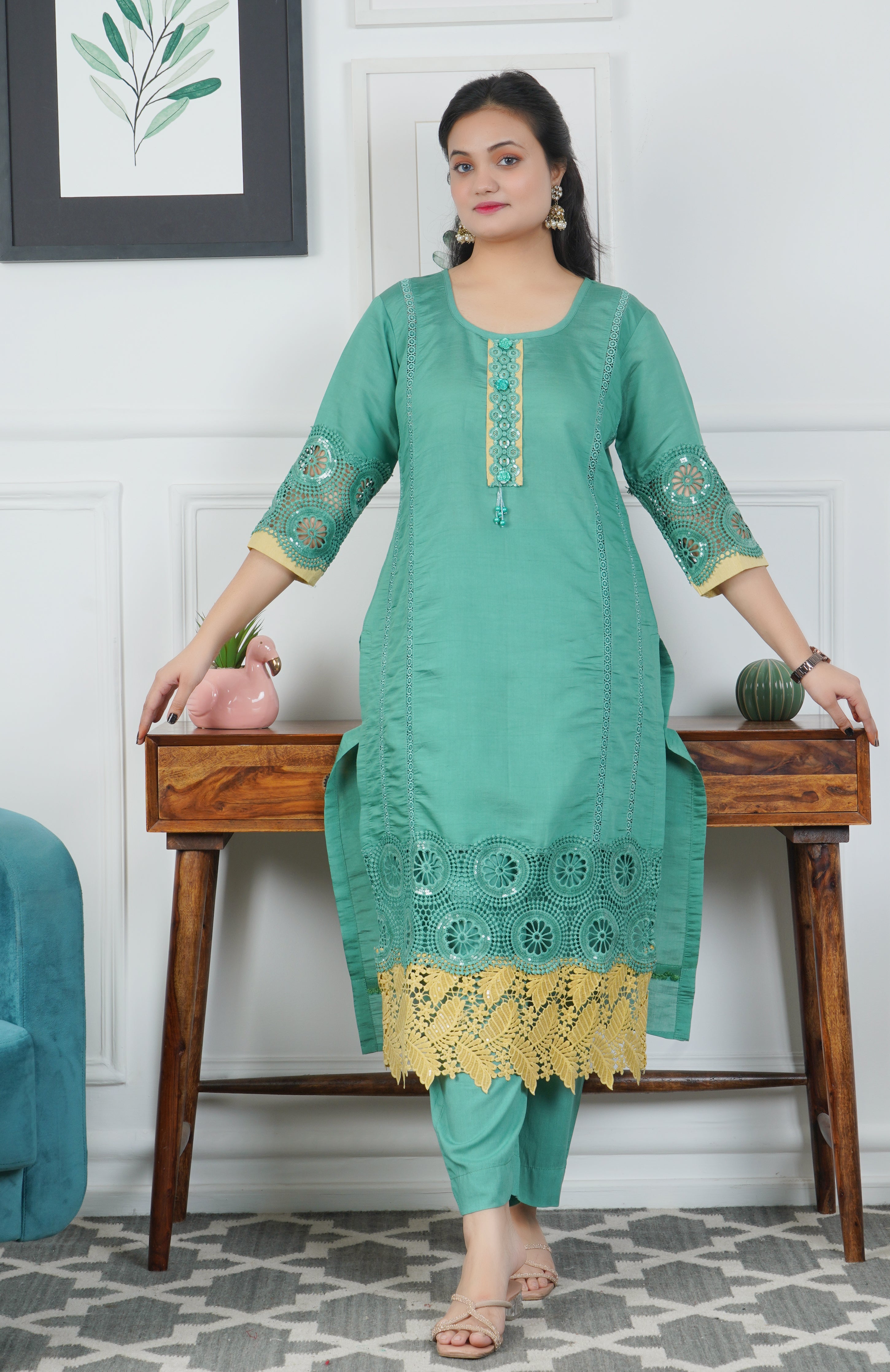 Green Glaze Cotton 3-Piece Dress