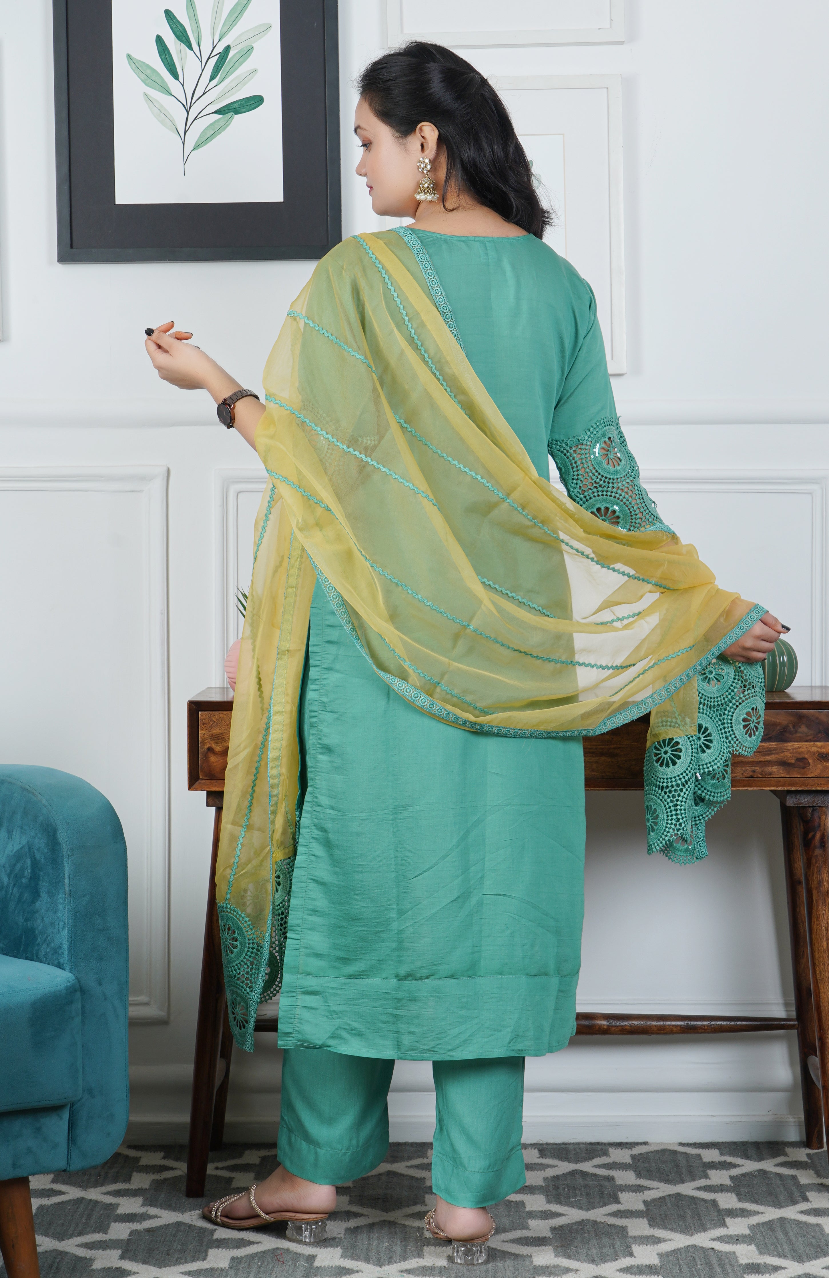 Green Glaze Cotton 3-Piece Dress