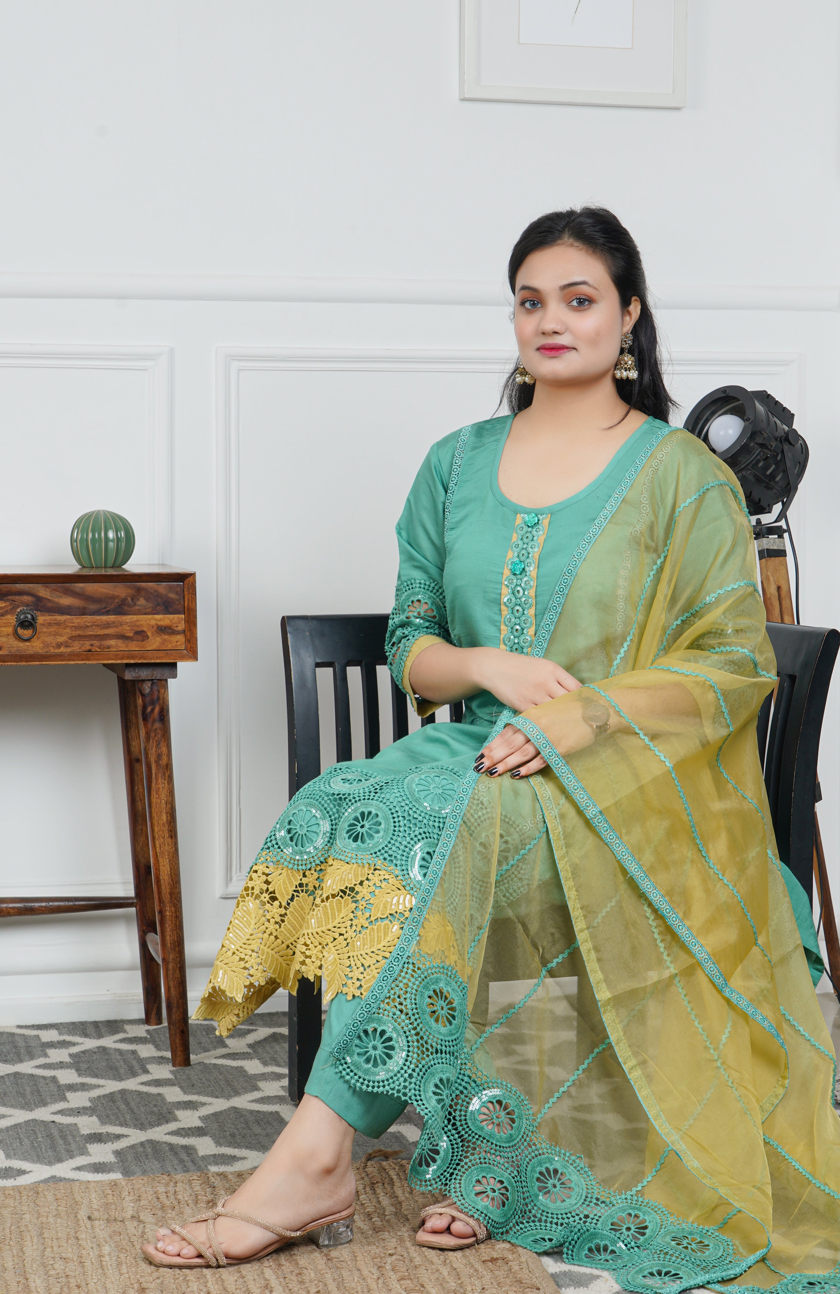 Green Glaze Cotton 3-Piece Dress