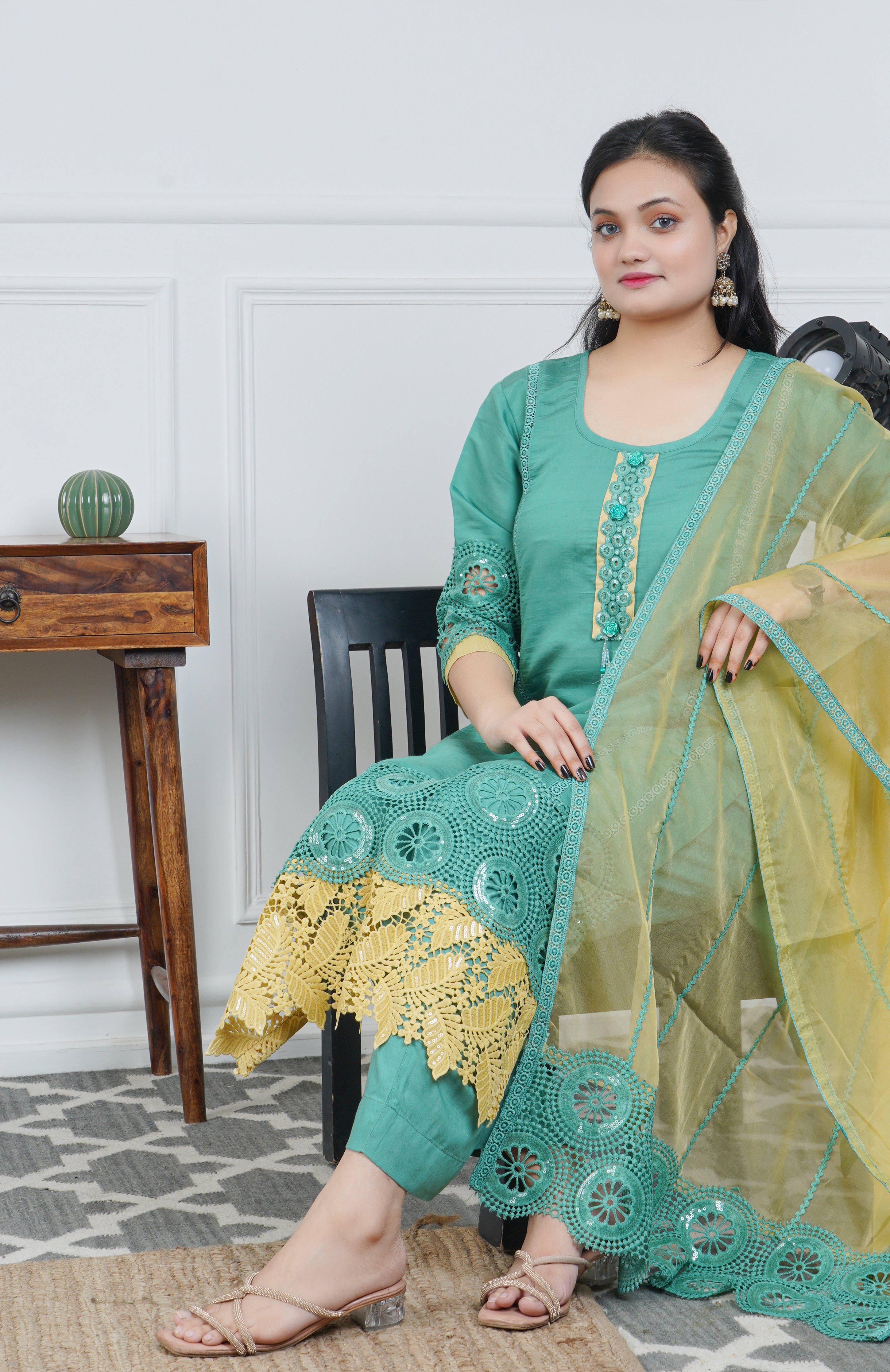 Green Glaze Cotton 3-Piece Dress