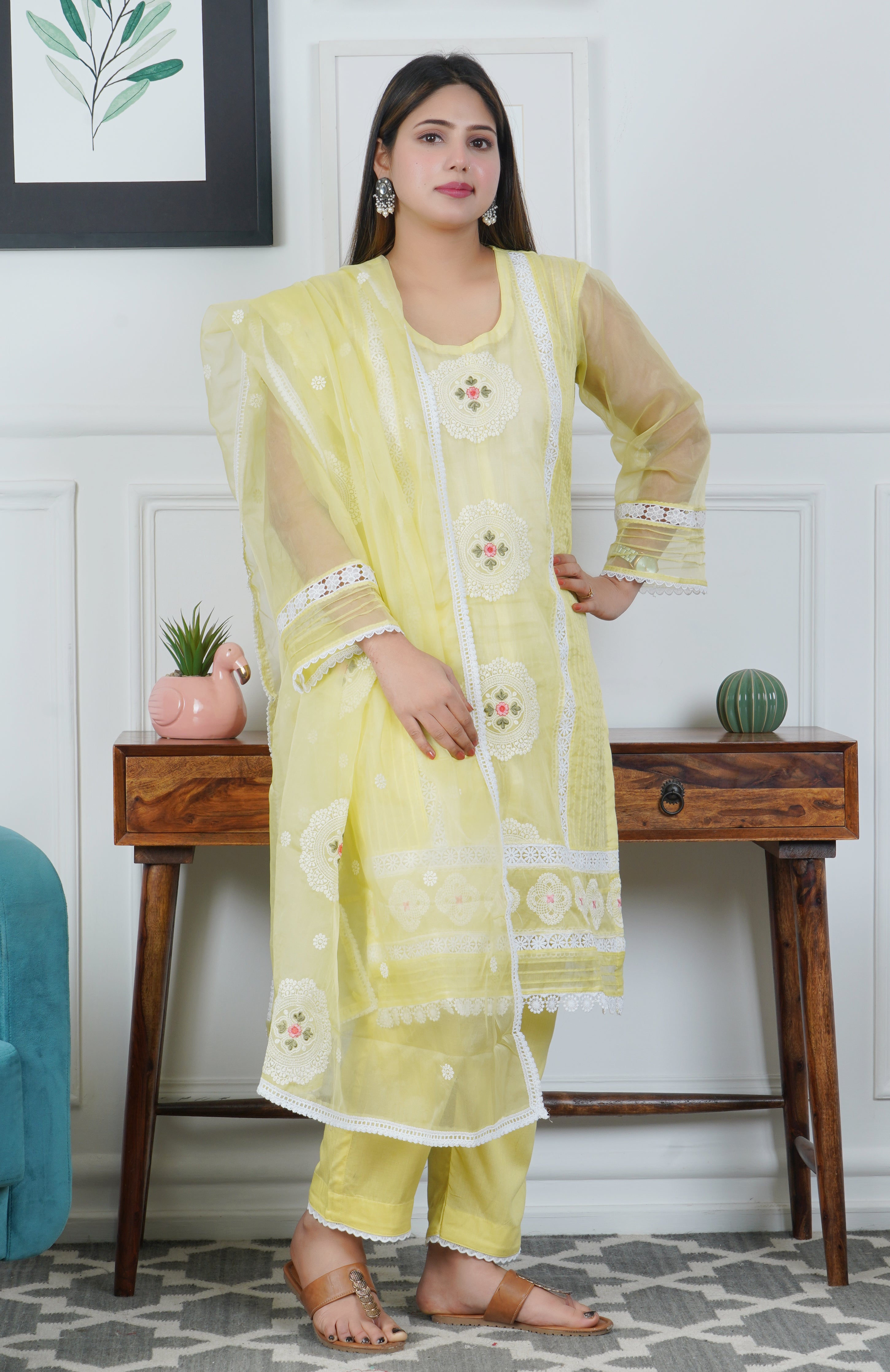 Soft Organza Yellow Embroidered 3 piece dress