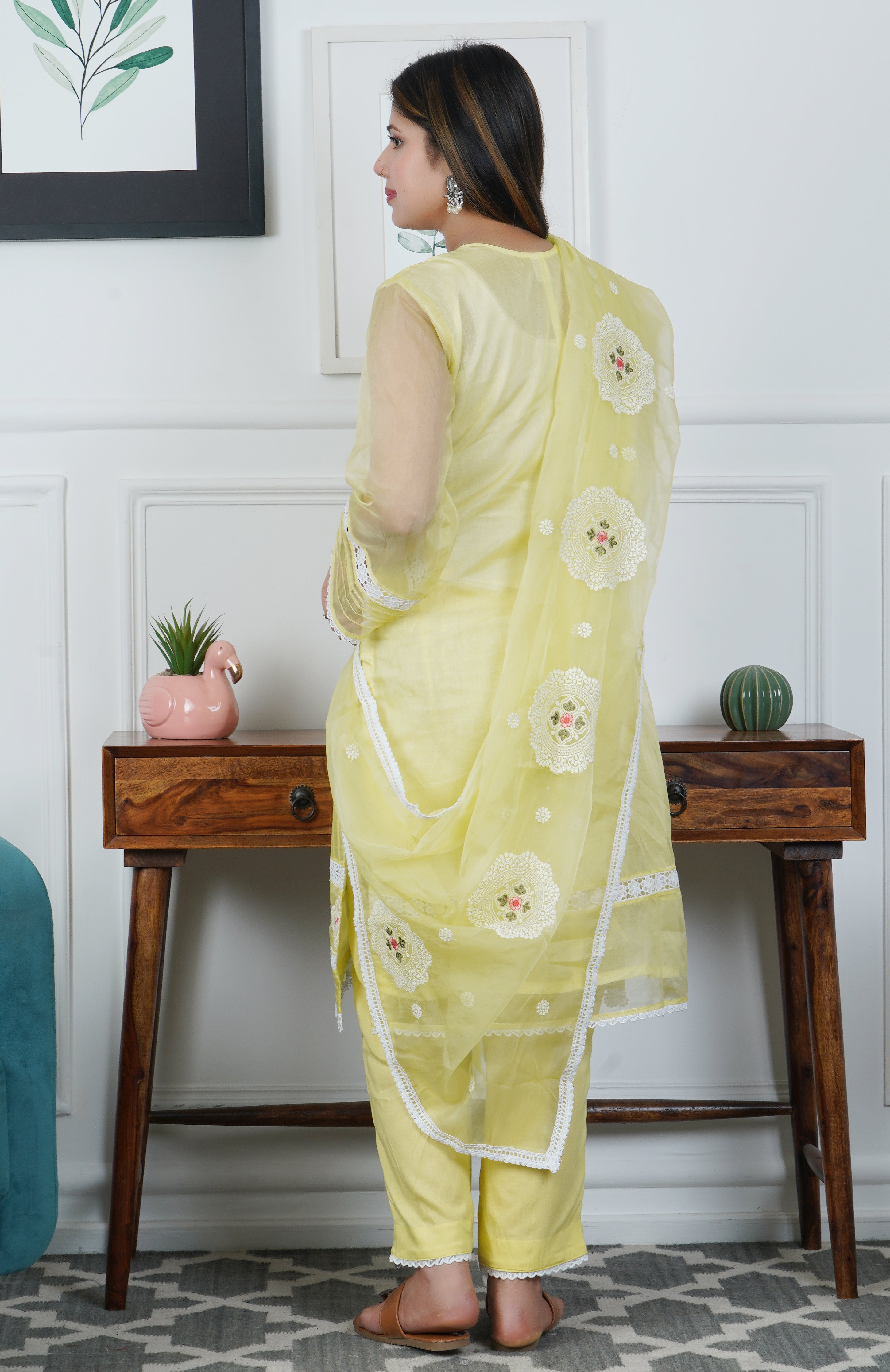 Soft Organza Yellow Embroidered 3 piece dress