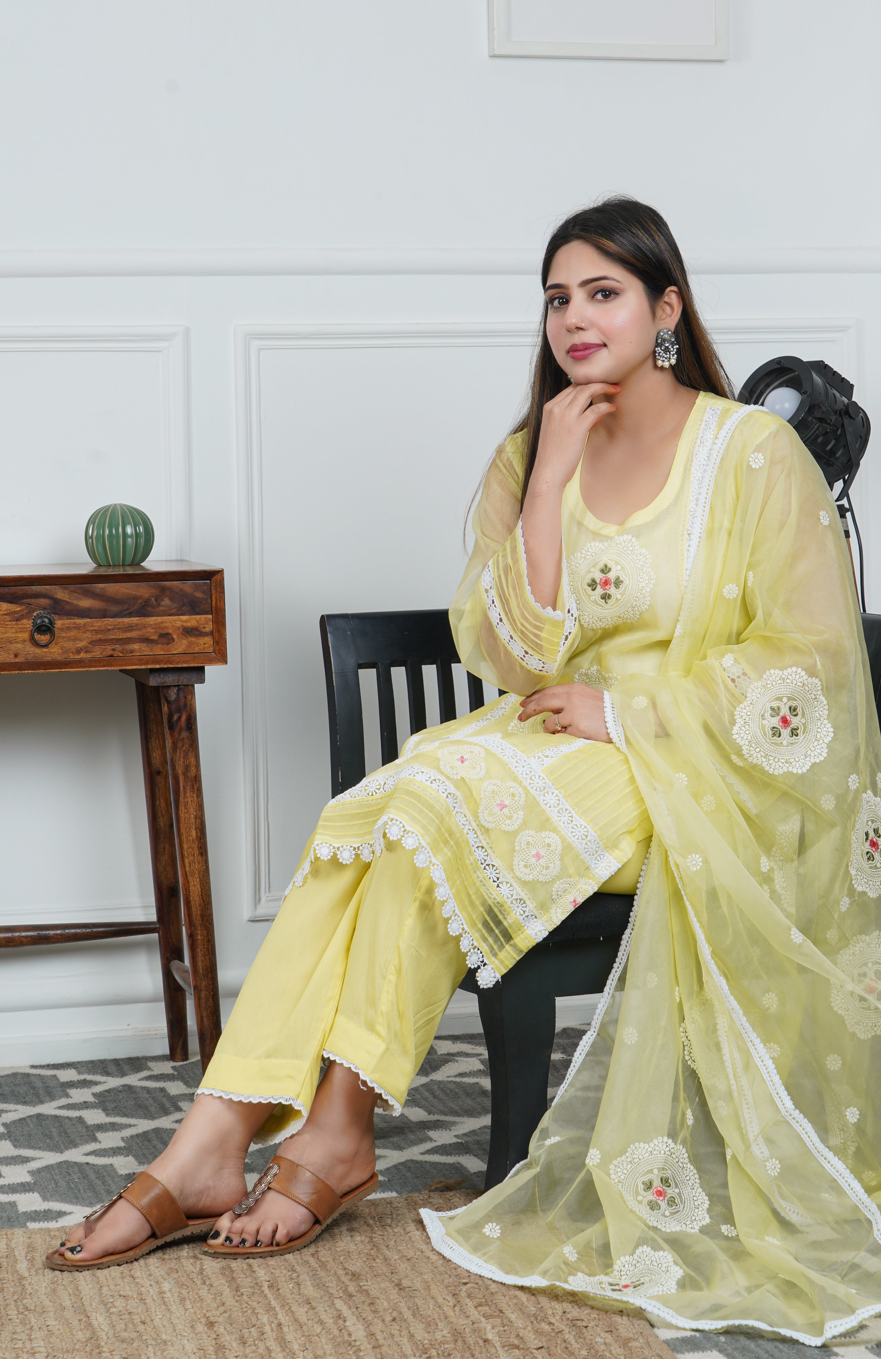 Soft Organza Yellow Embroidered 3 piece dress