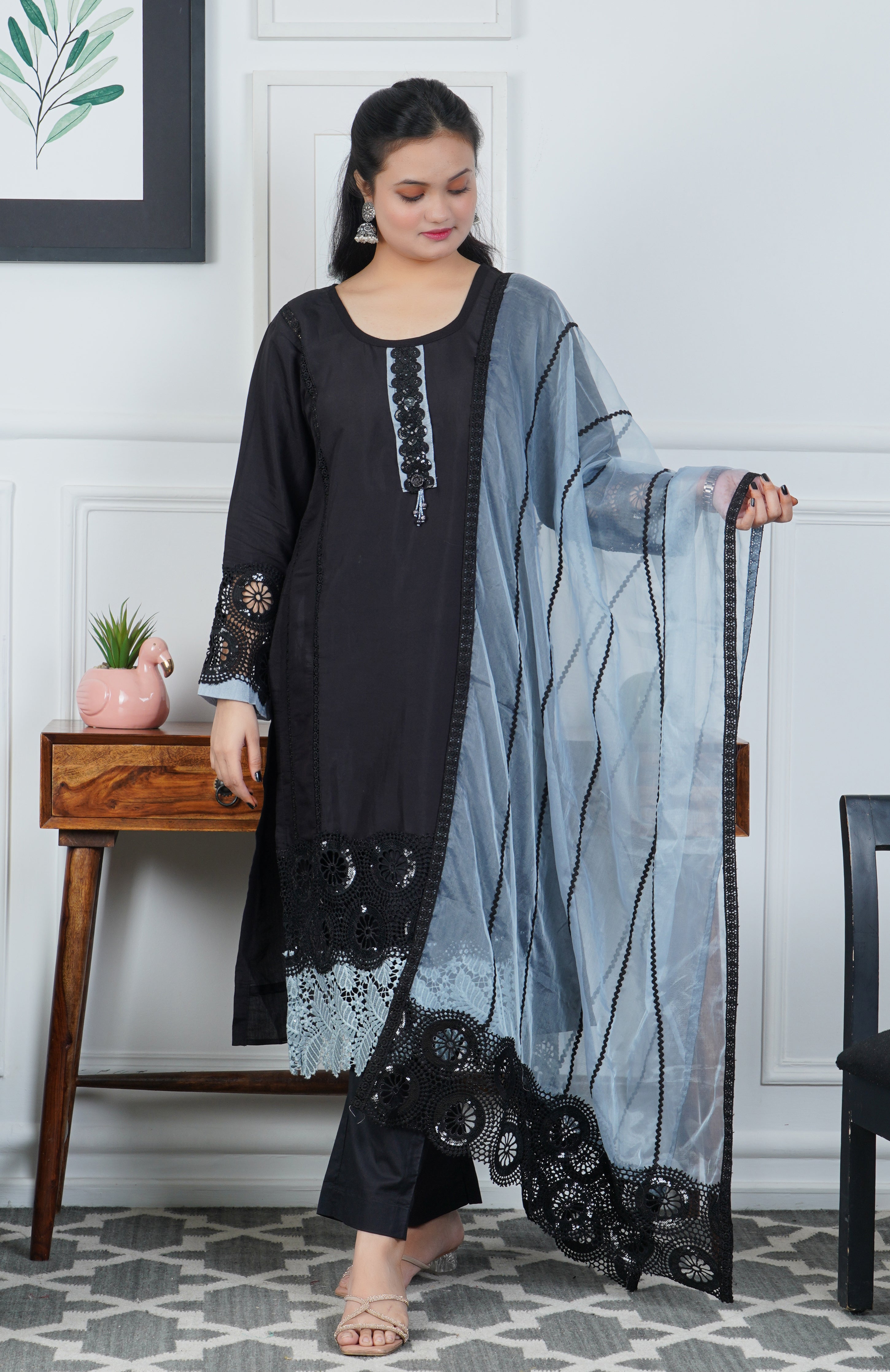 Black glaze cotton 3 piece dress