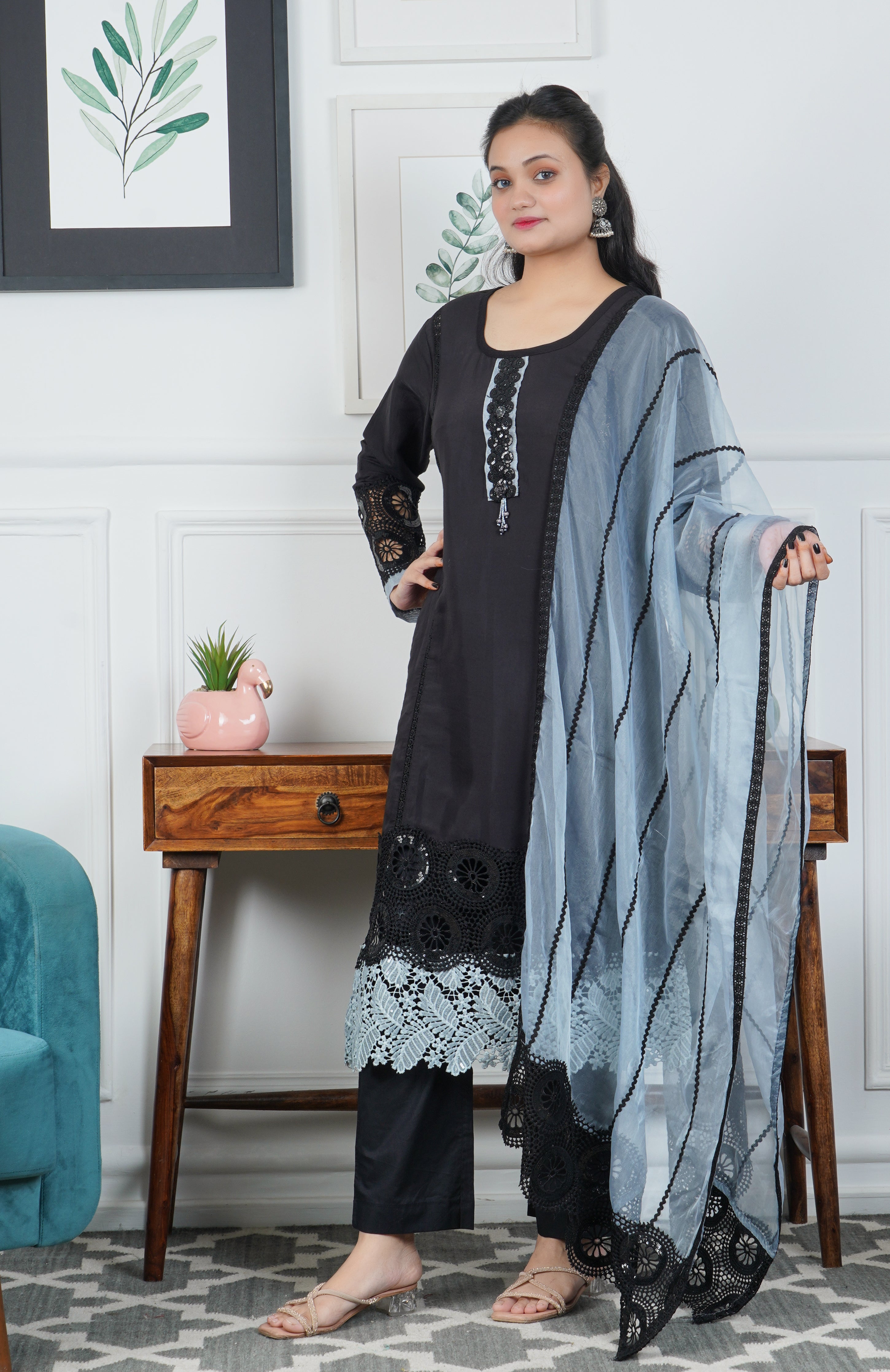 Black glaze cotton 3 piece dress