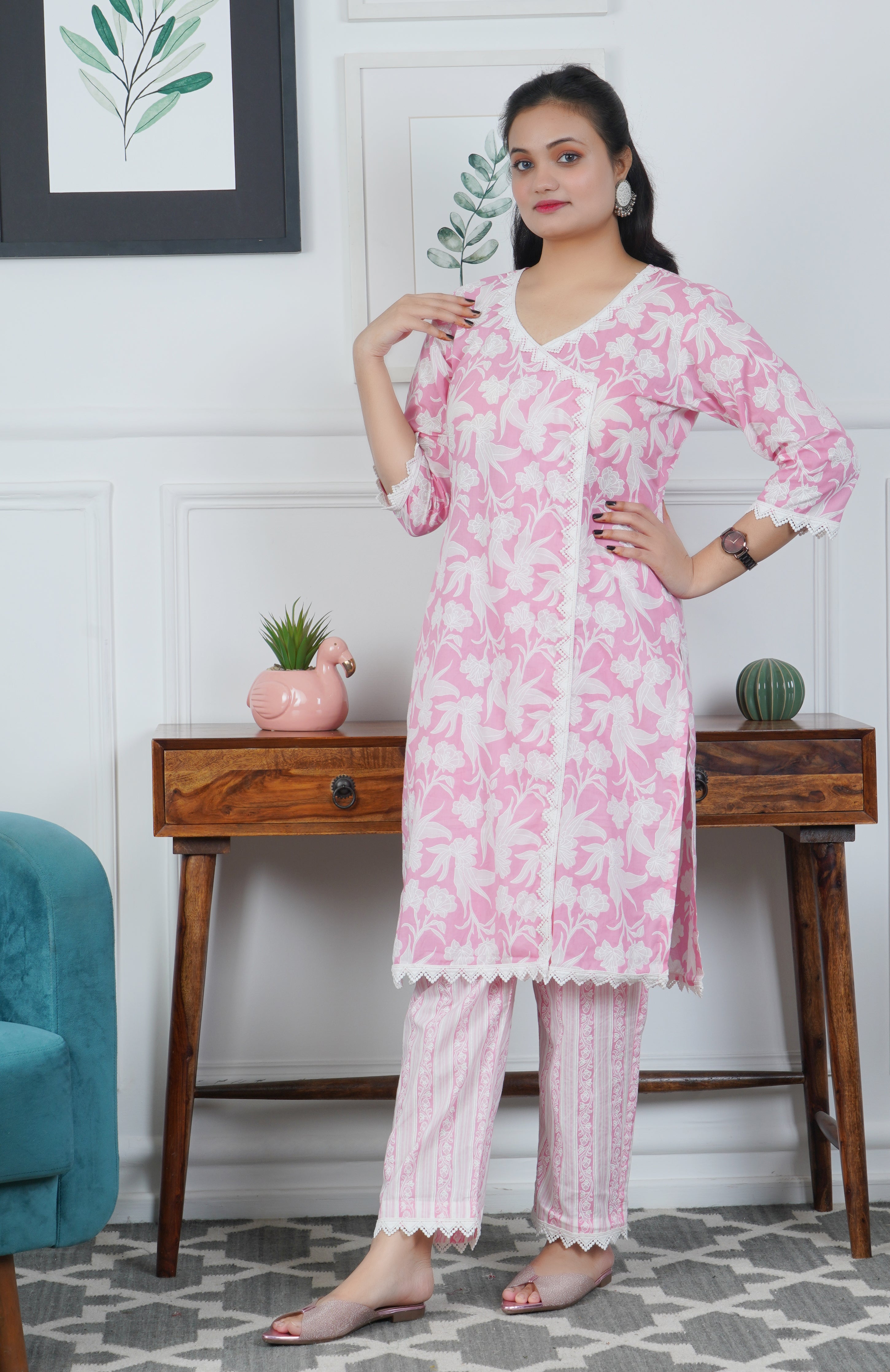 Pink Floral Printed Cotton Kurta with Trouser