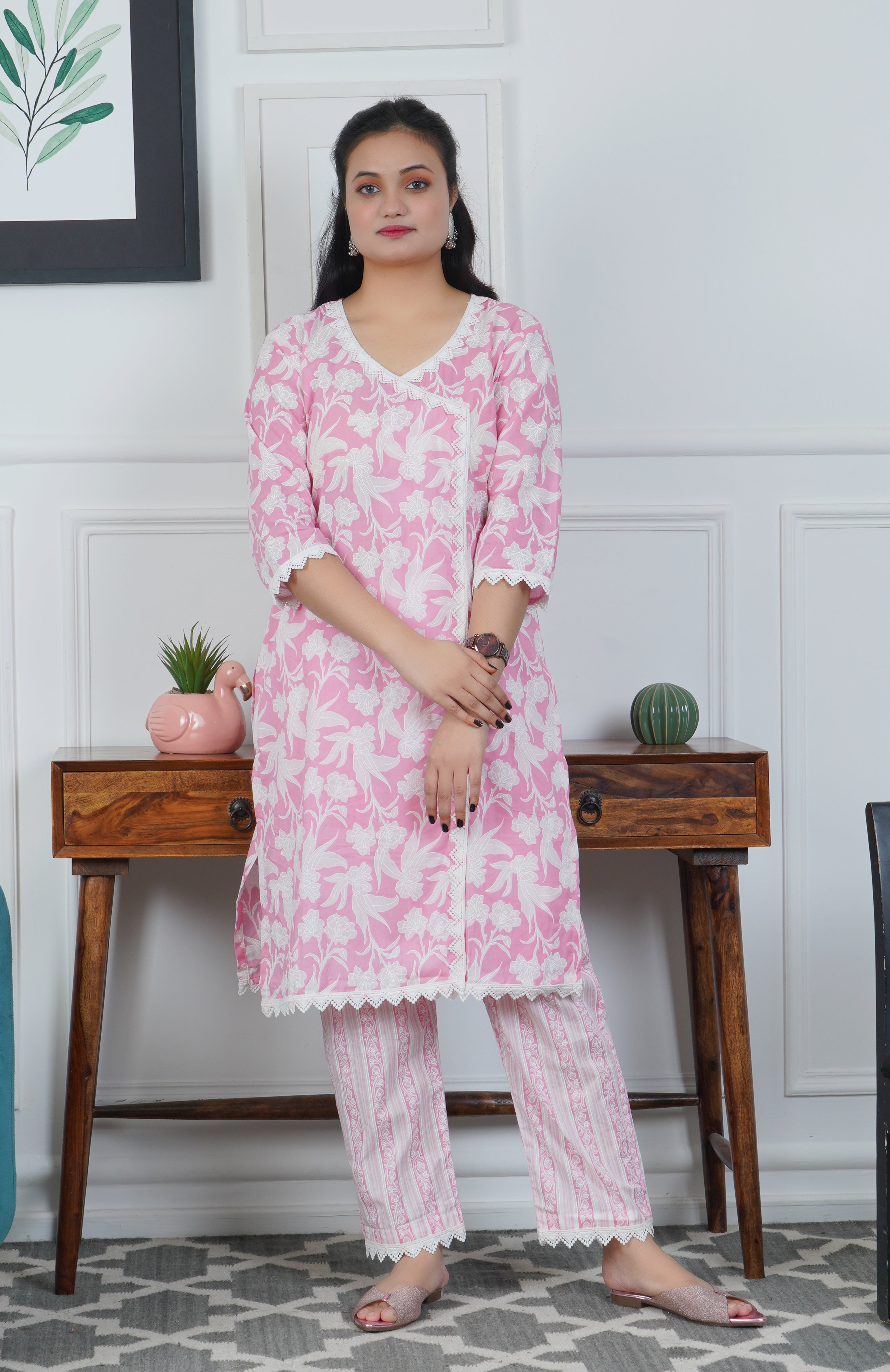 Pink Floral Printed Cotton Kurta with Trouser