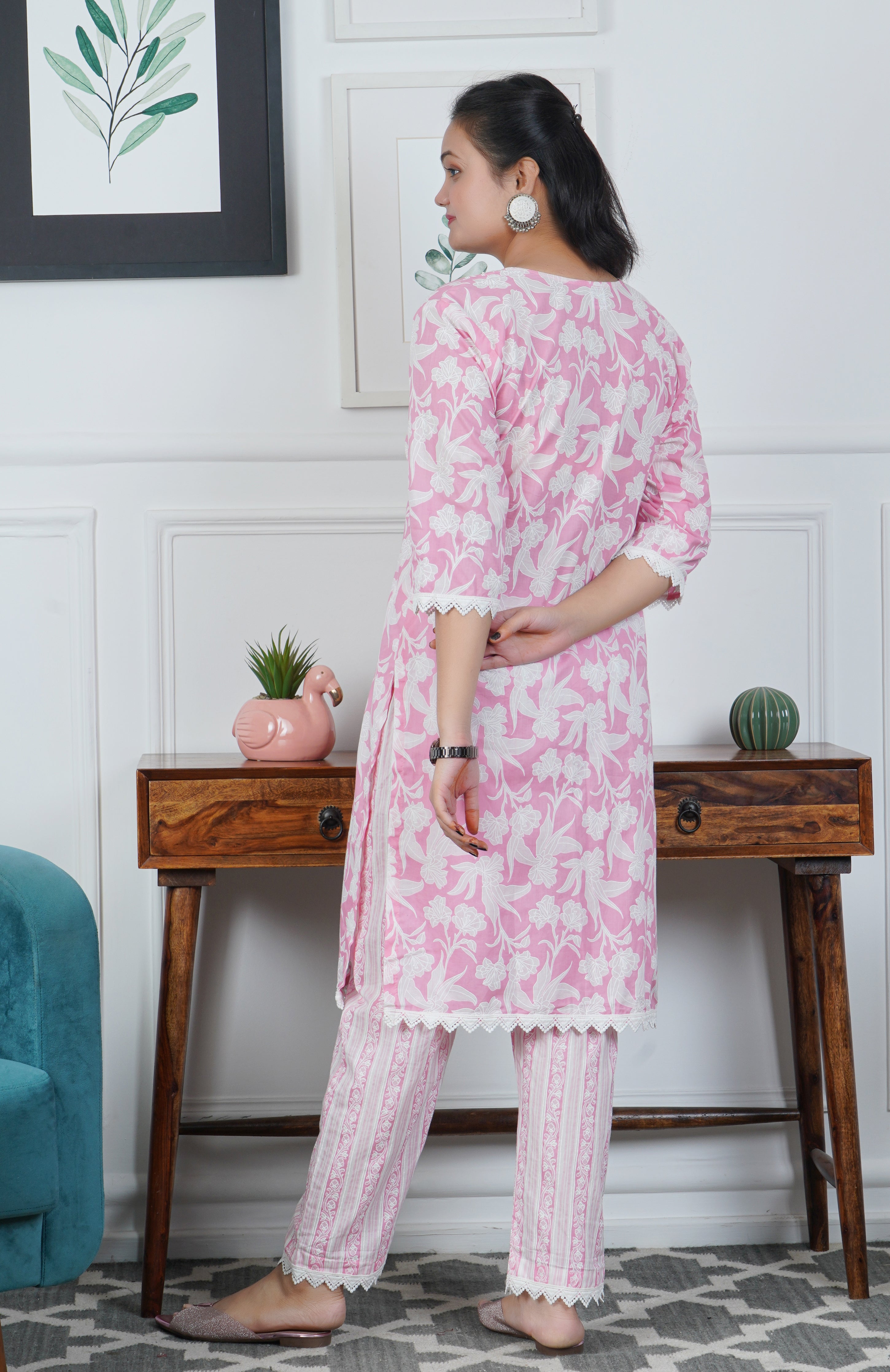 Pink Floral Printed Cotton Kurta with Trouser