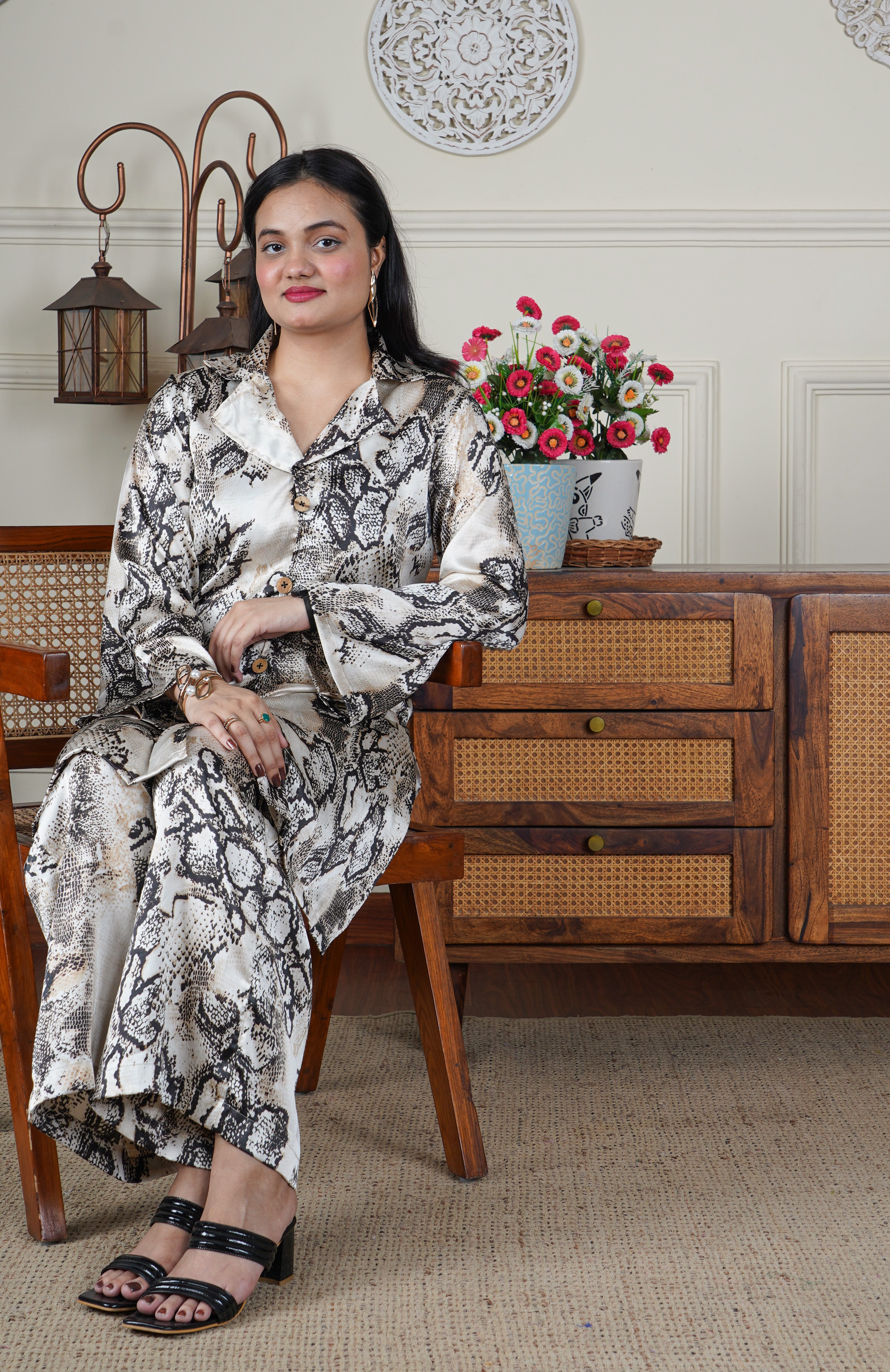 Italian Silk Animal Print Beige 2 Piece Co-ord Set