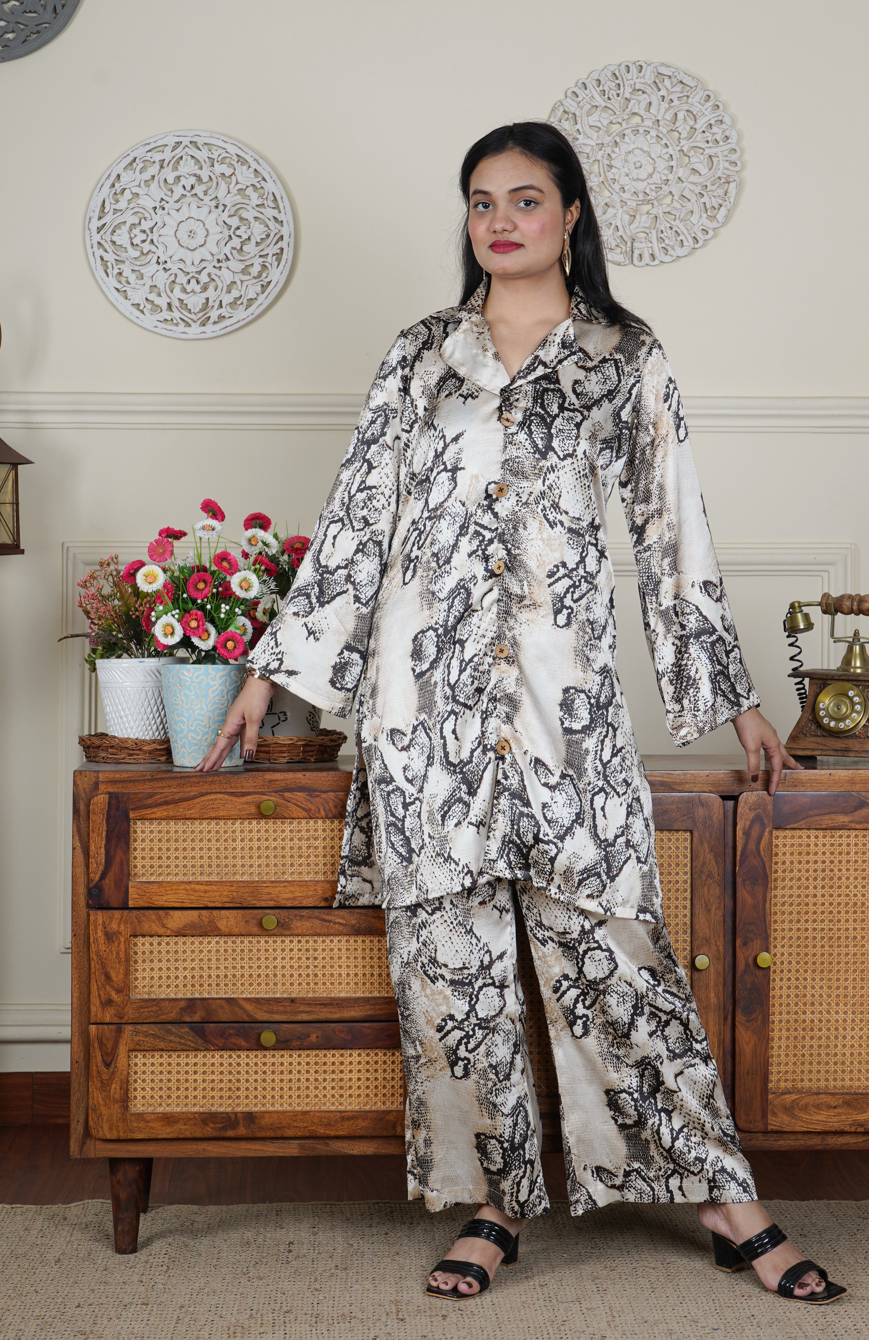 Italian Silk Animal Print Beige 2 Piece Co-ord Set