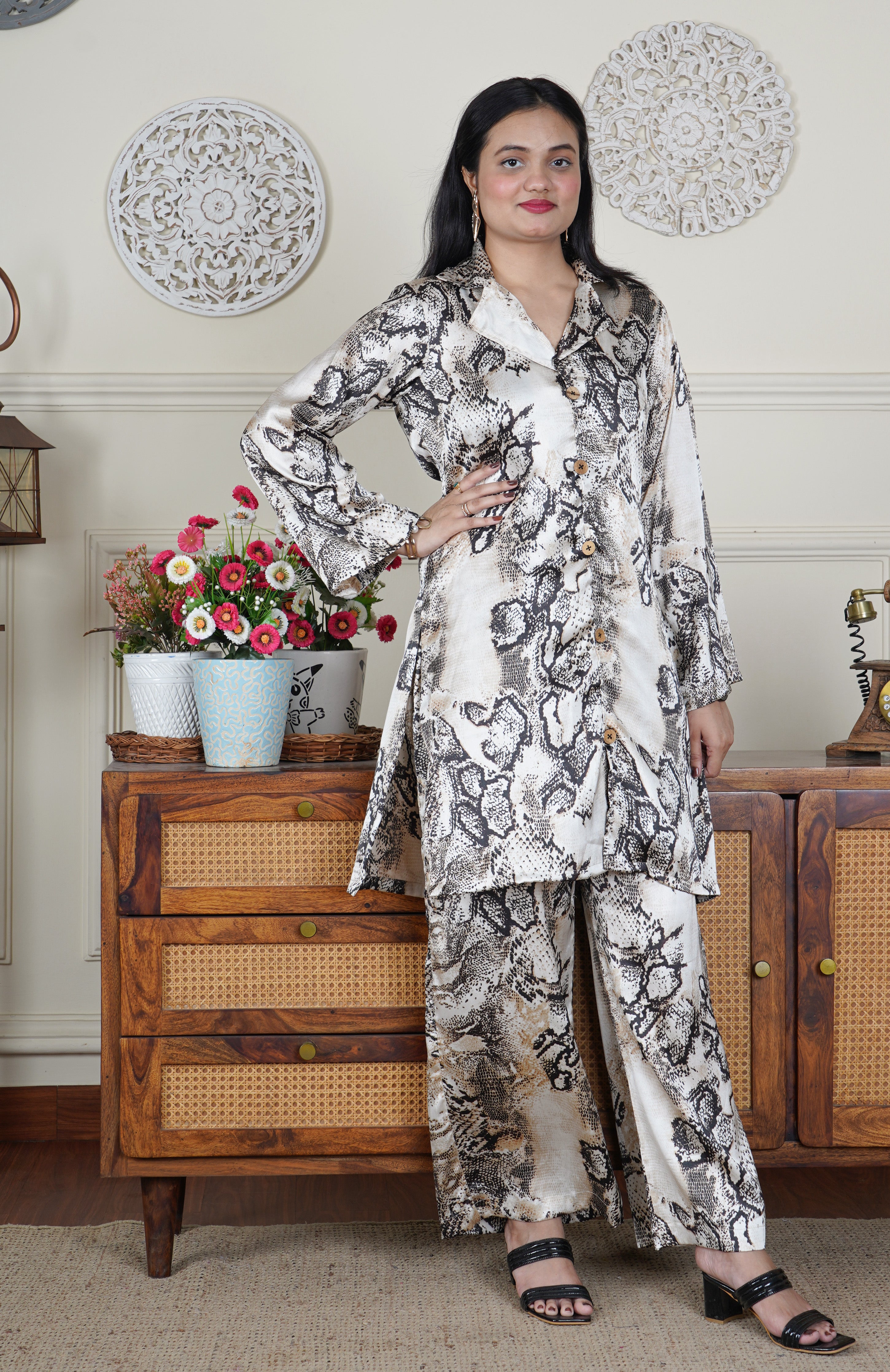 Italian Silk Animal Print Beige 2 Piece Co-ord Set