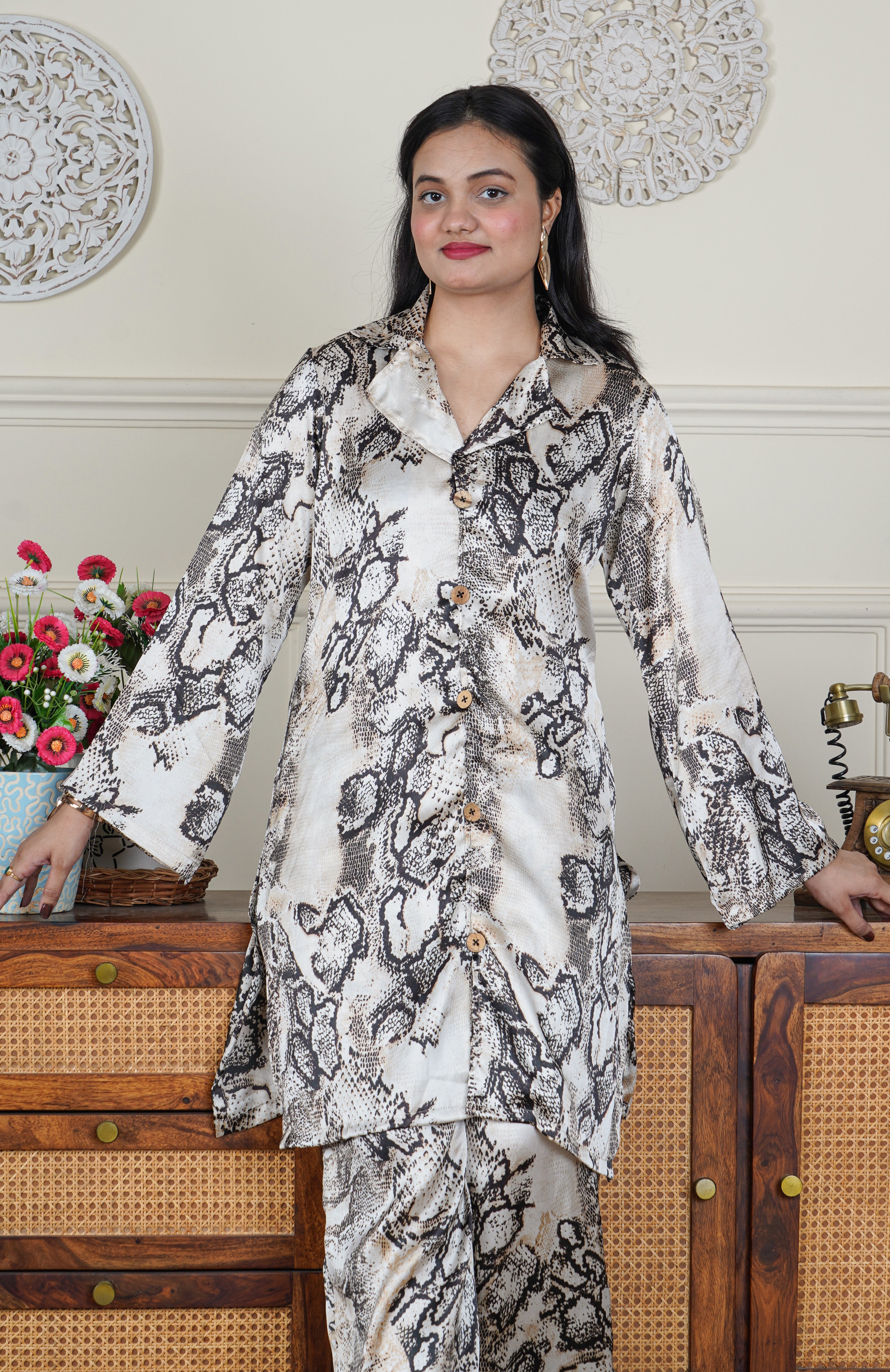 Italian Silk Animal Print Beige 2 Piece Co-ord Set