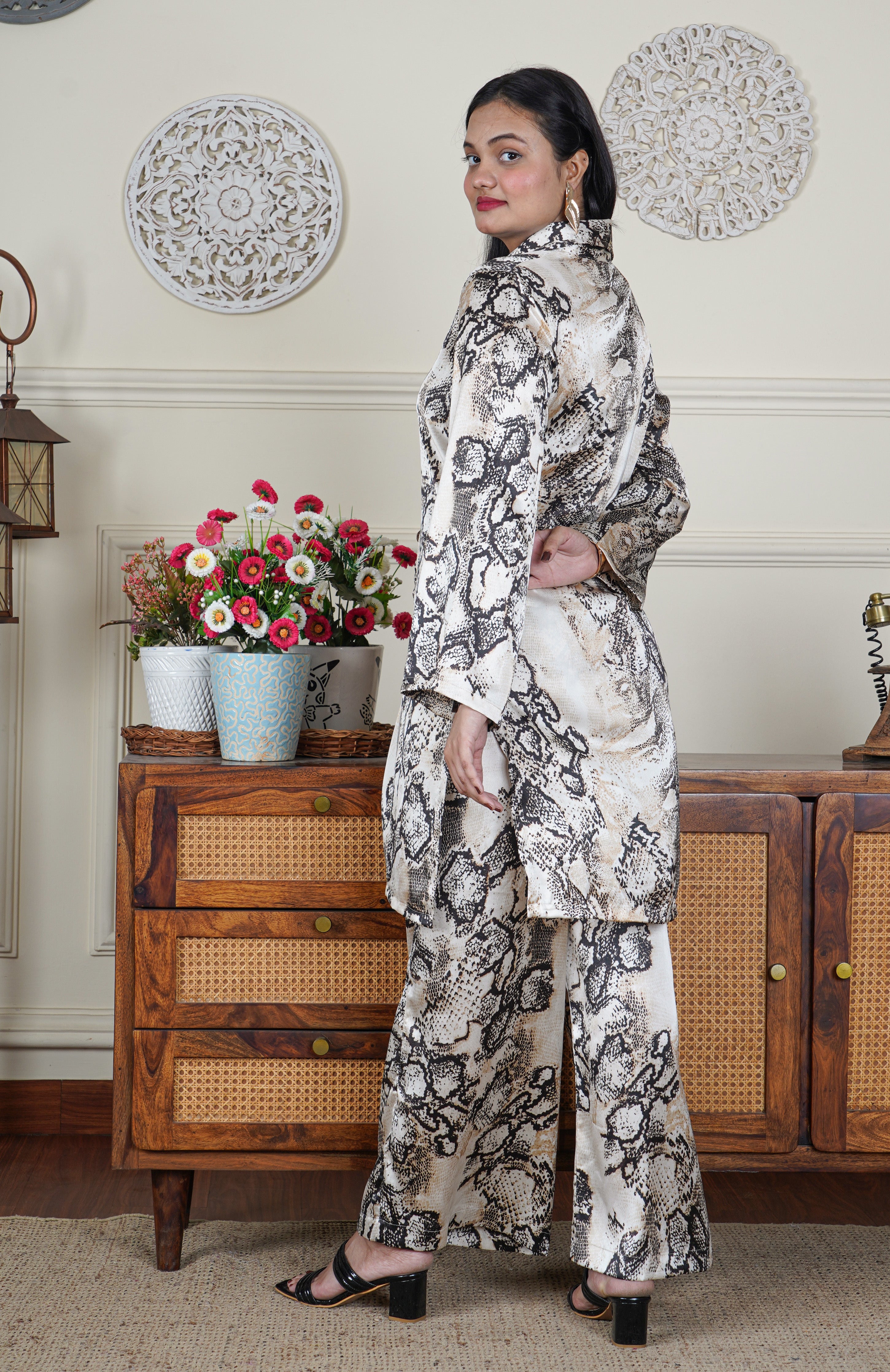 Italian Silk Animal Print Beige 2 Piece Co-ord Set