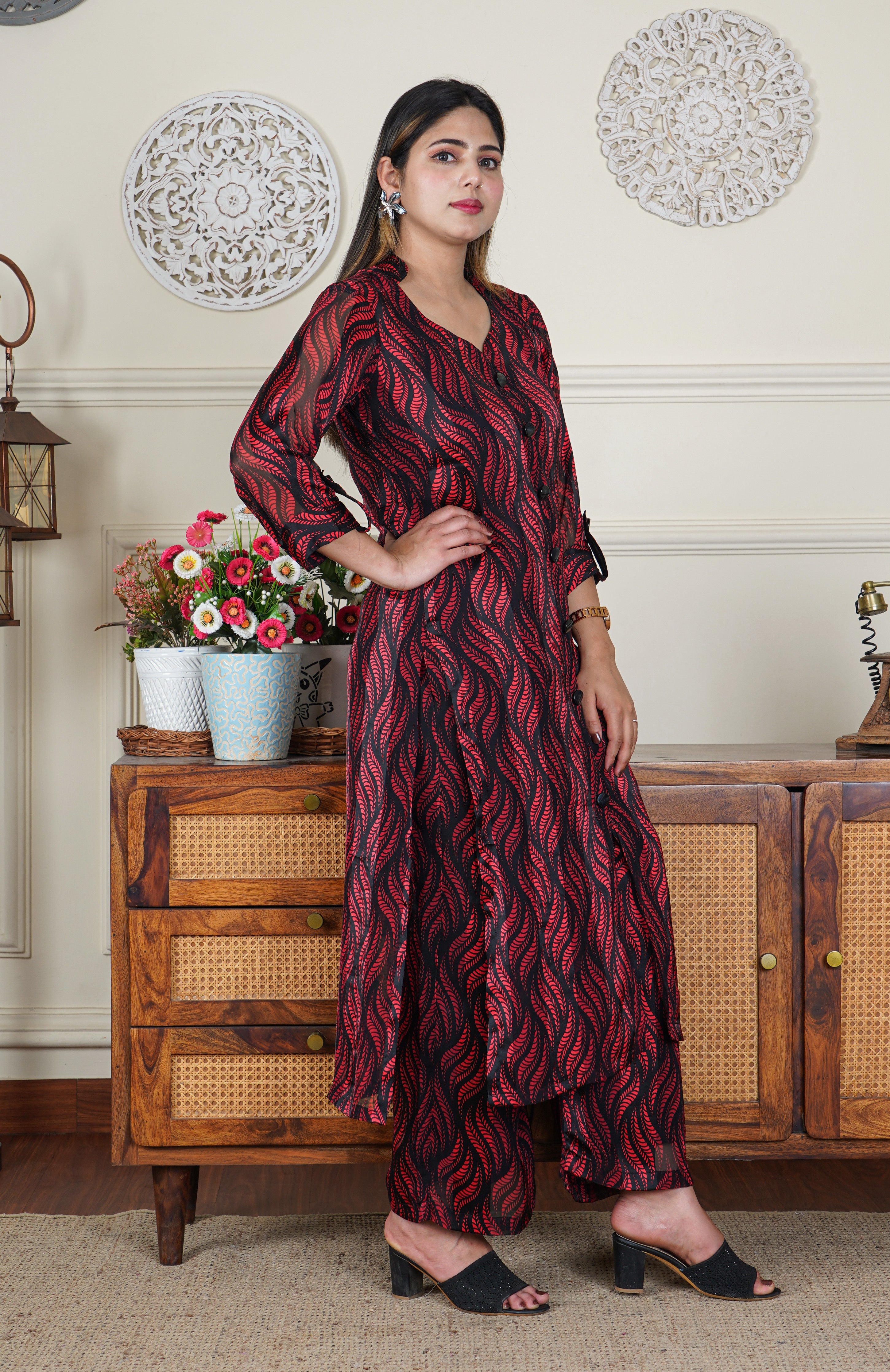 Satin Georgette Red and Black 2 Piece Co-ord Set