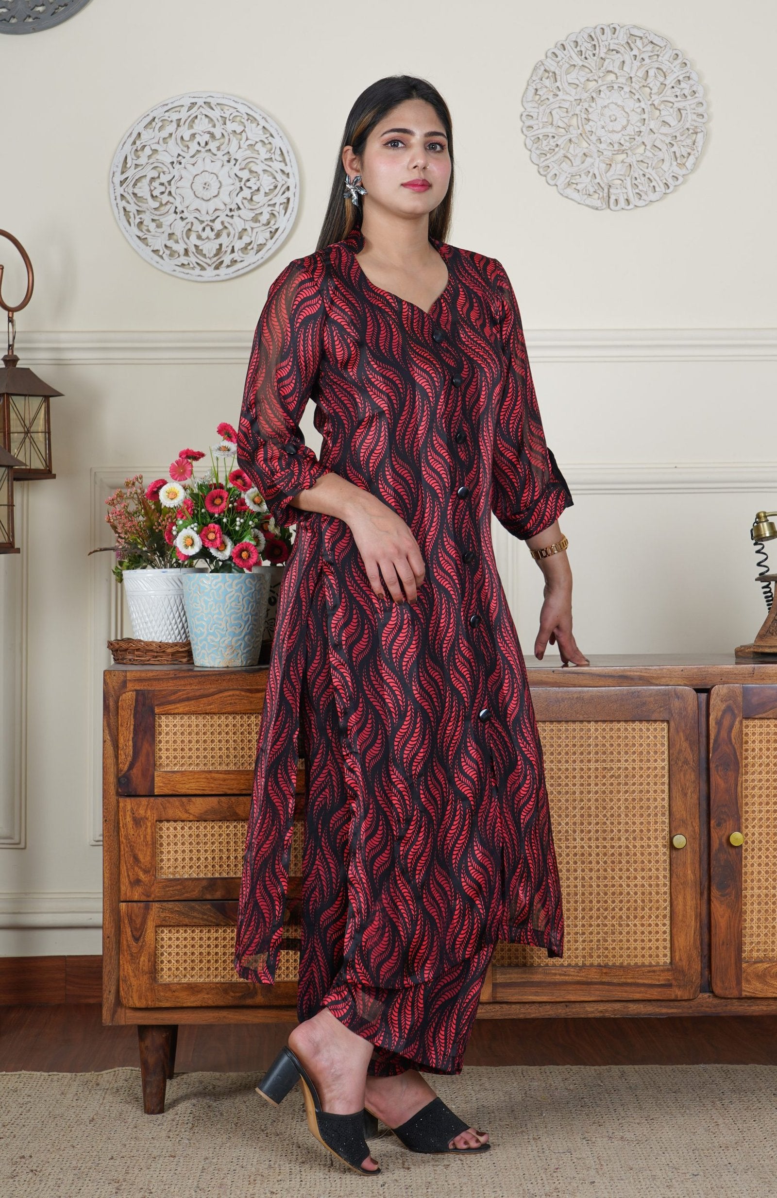 Satin Georgette Red and Black 2 Piece Co-ord Set