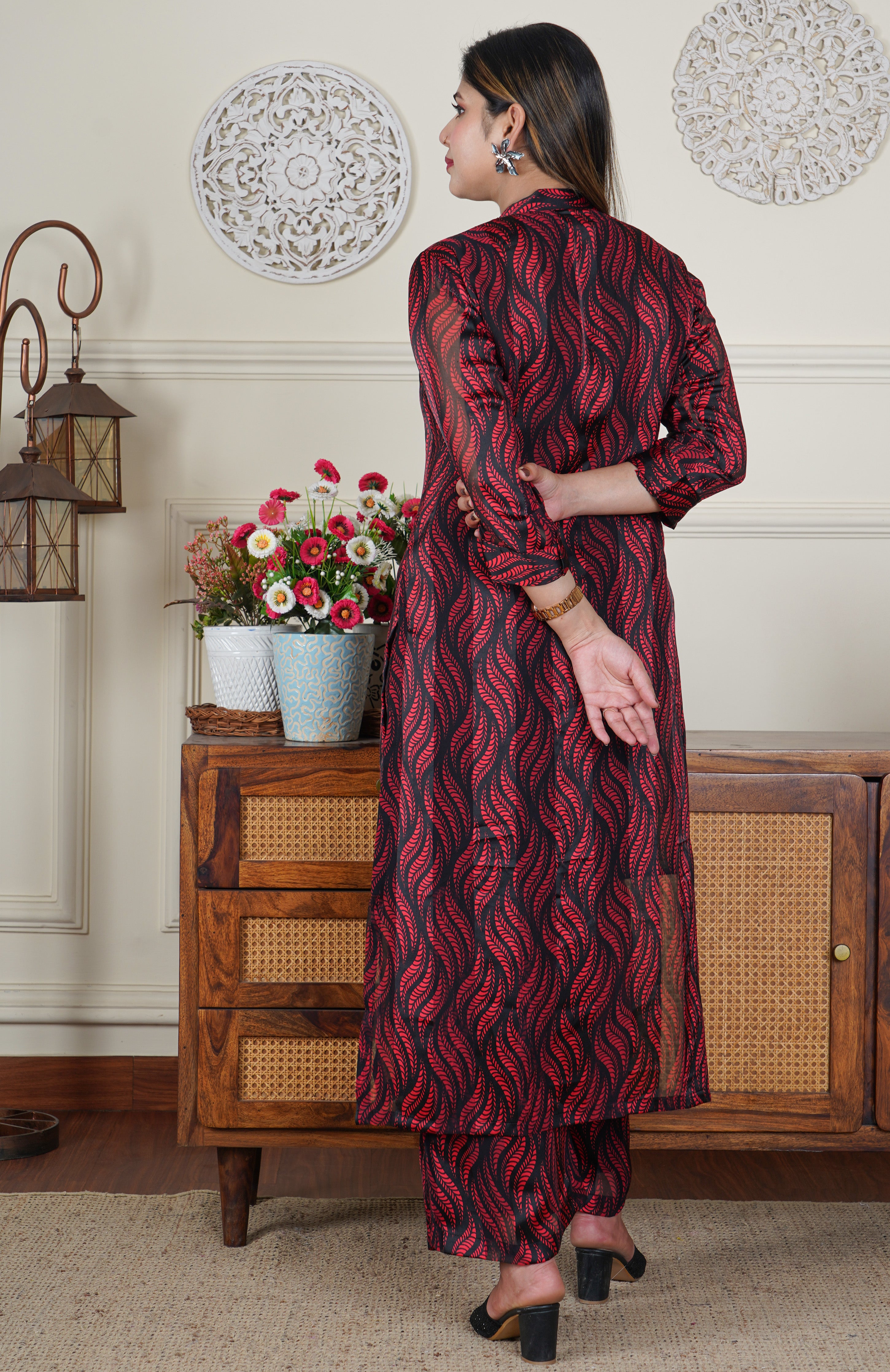 Satin Georgette Red and Black 2 Piece Co-ord Set