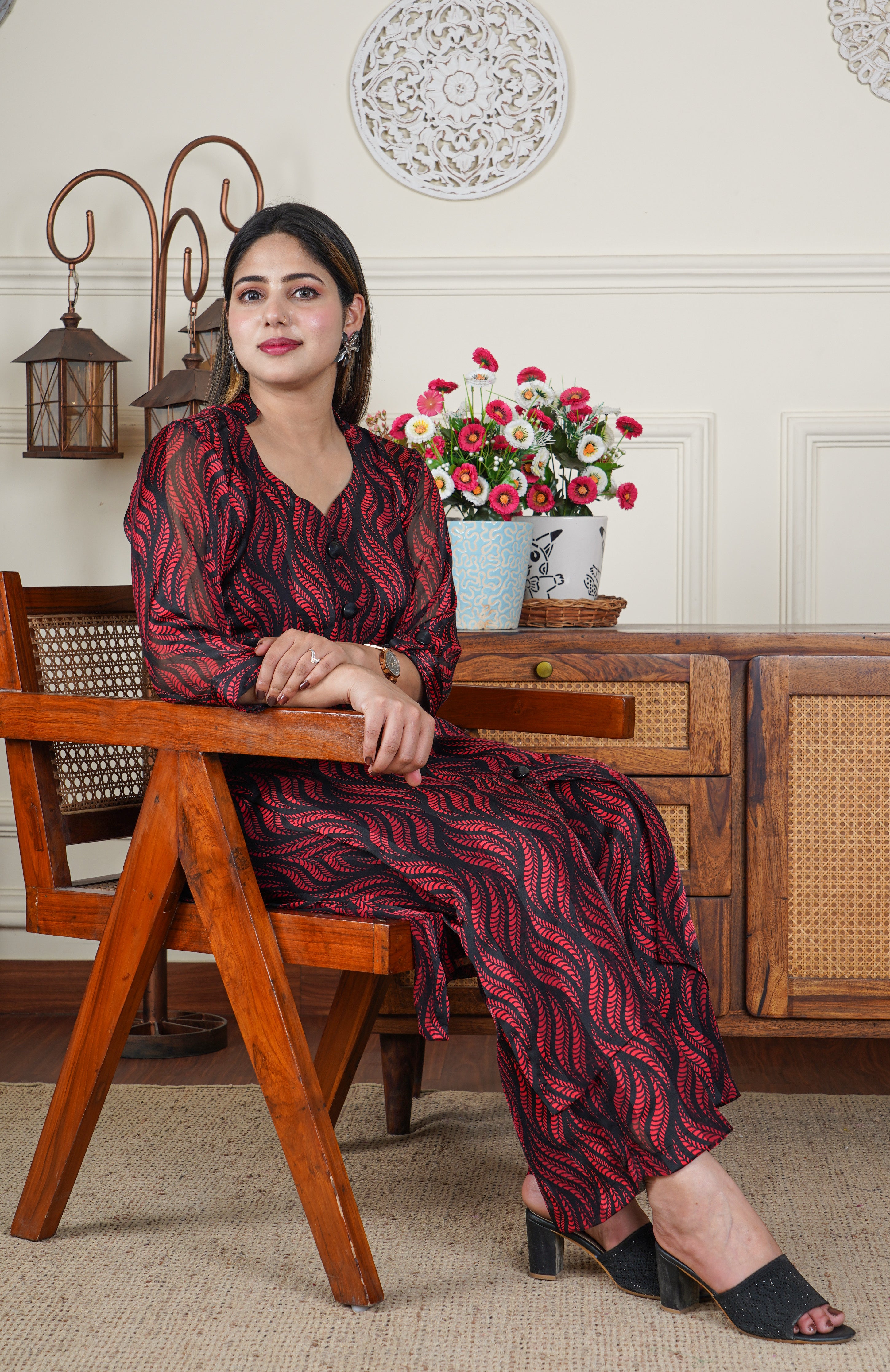 Satin Georgette Red and Black 2 Piece Co-ord Set