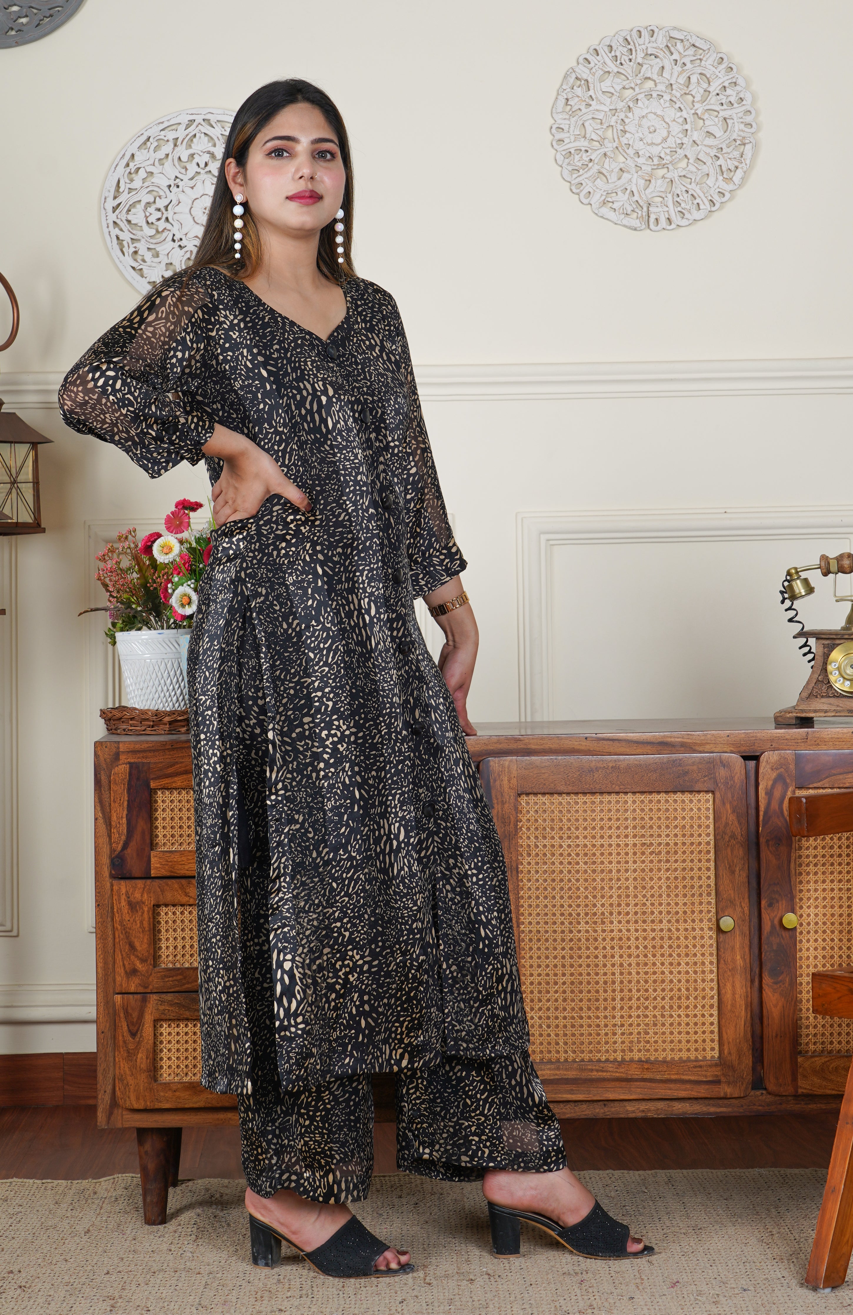 Satin Georgette Black and Gold Foil Print 2 Piece Co-ord Set