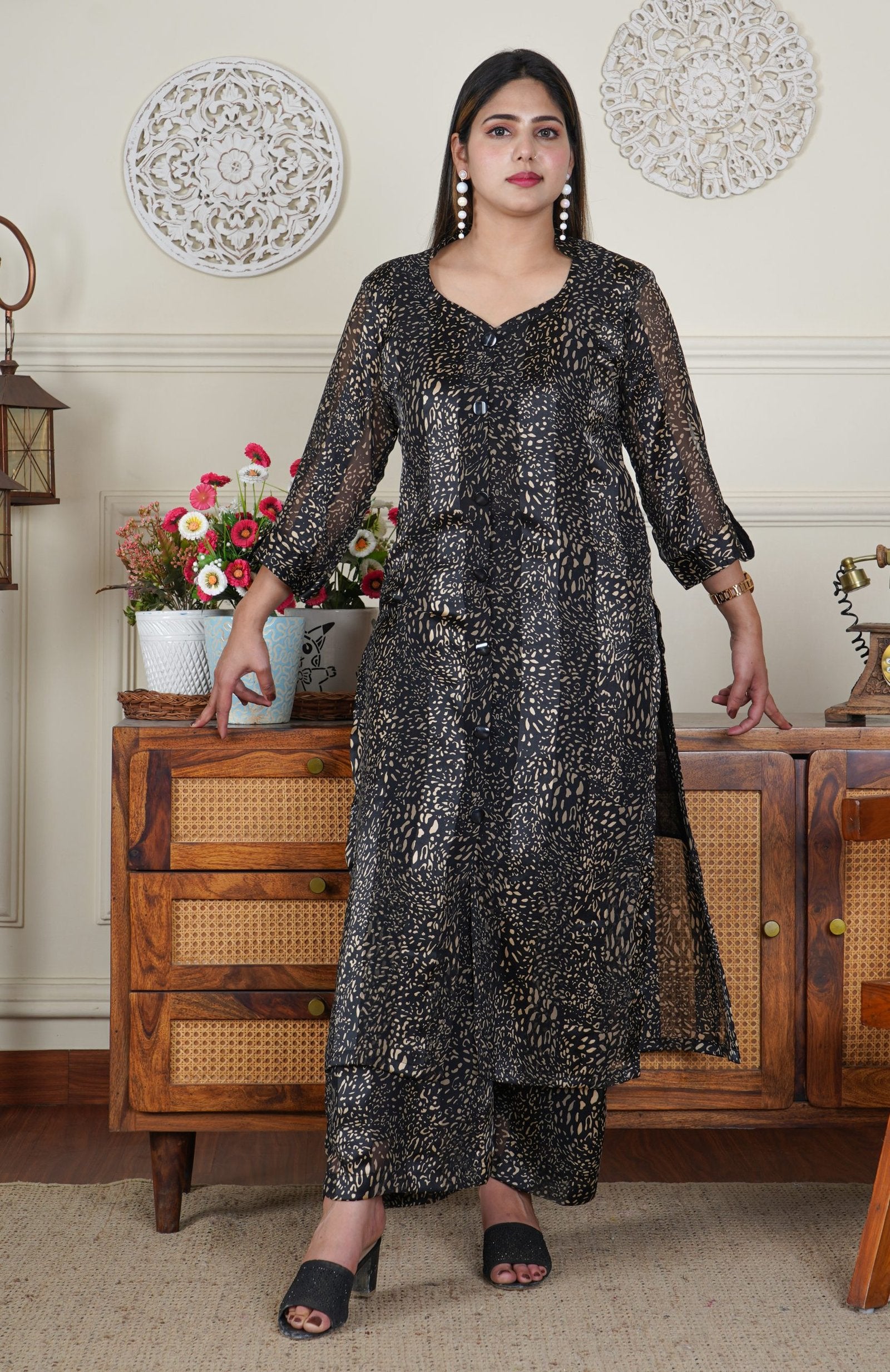 Satin Georgette Black and Gold Foil Print 2 Piece Co-ord Set