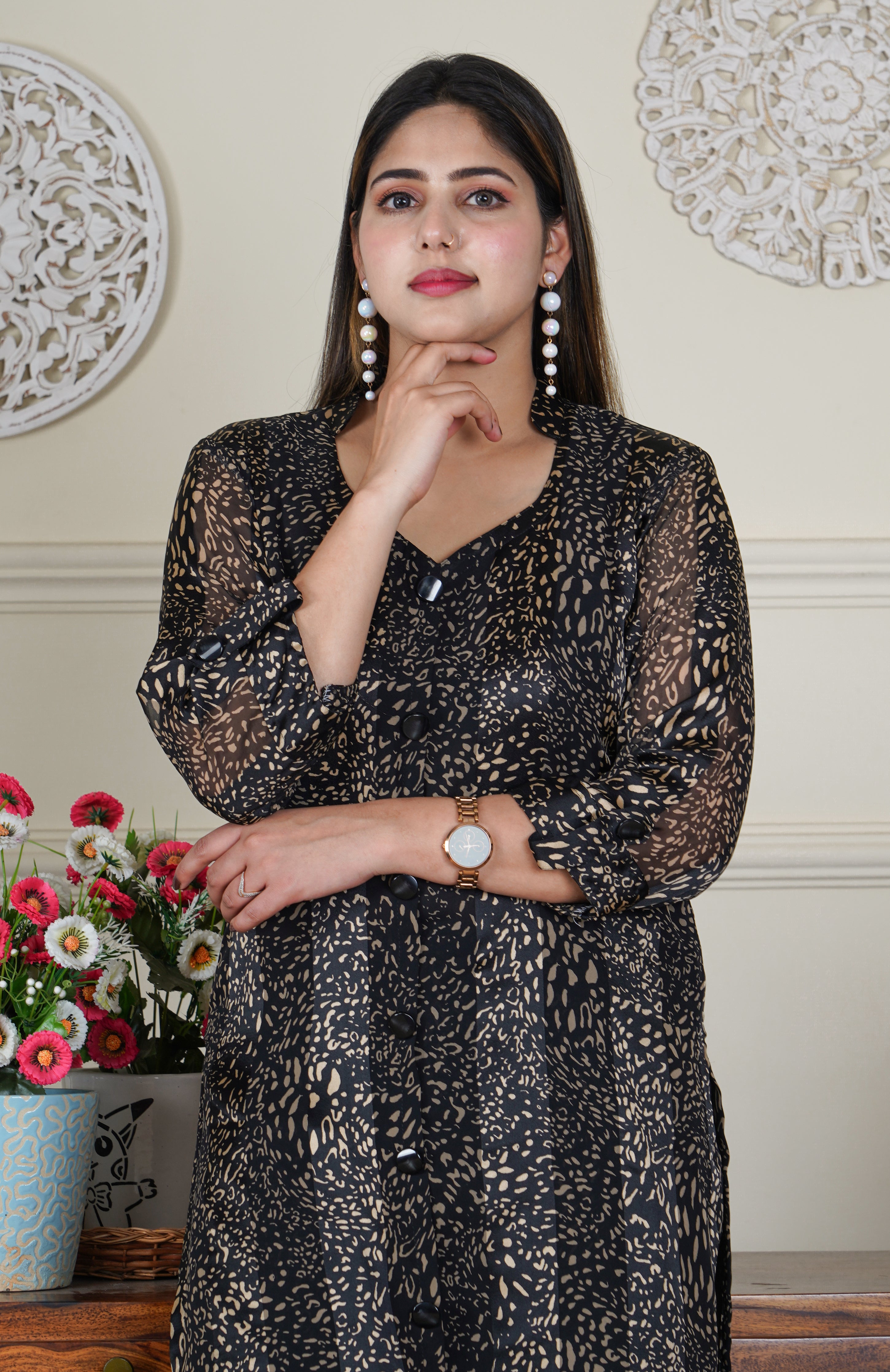 Satin Georgette Black and Gold Foil Print 2 Piece Co-ord Set