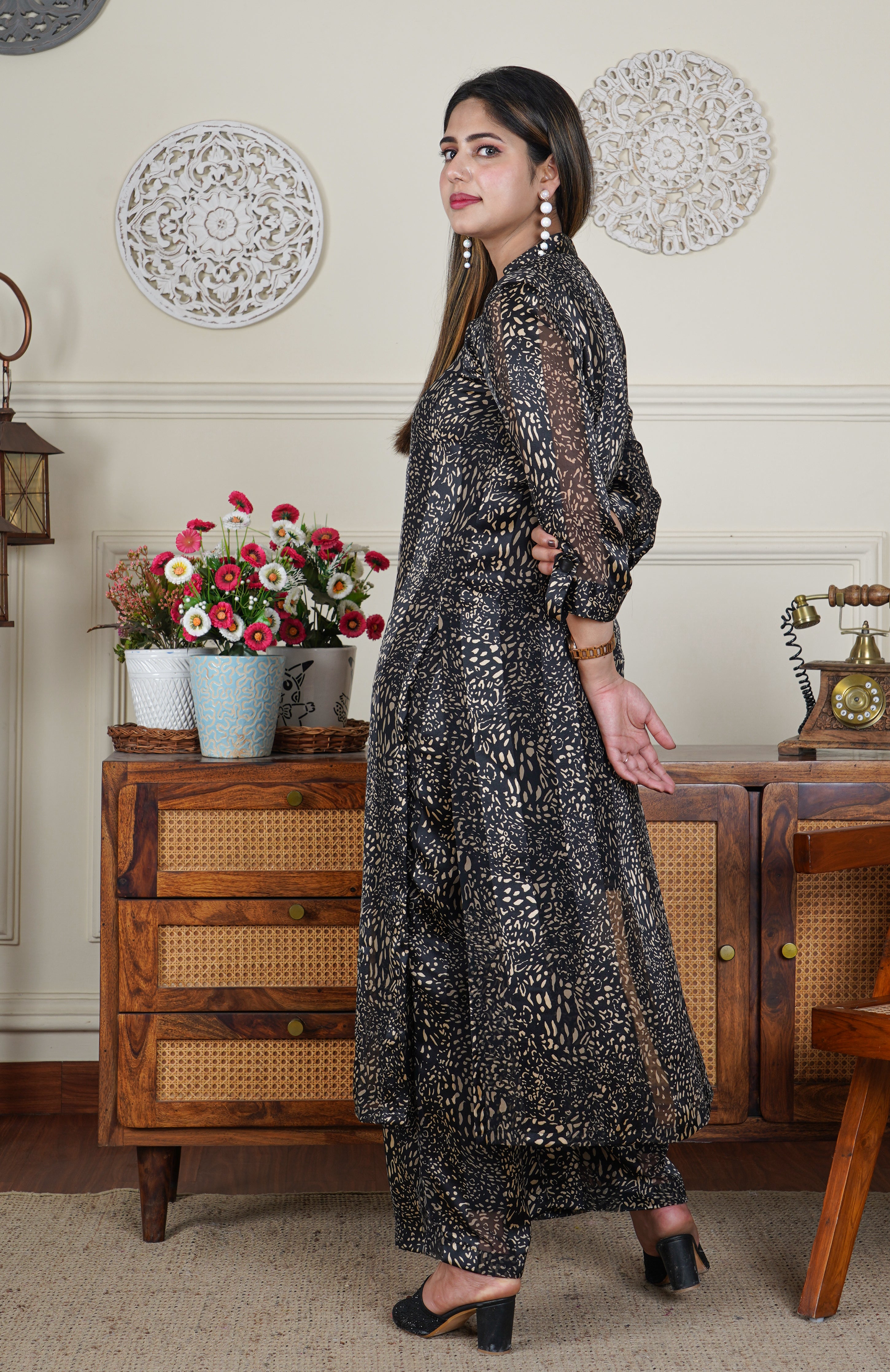 Satin Georgette Black and Gold Foil Print 2 Piece Co-ord Set