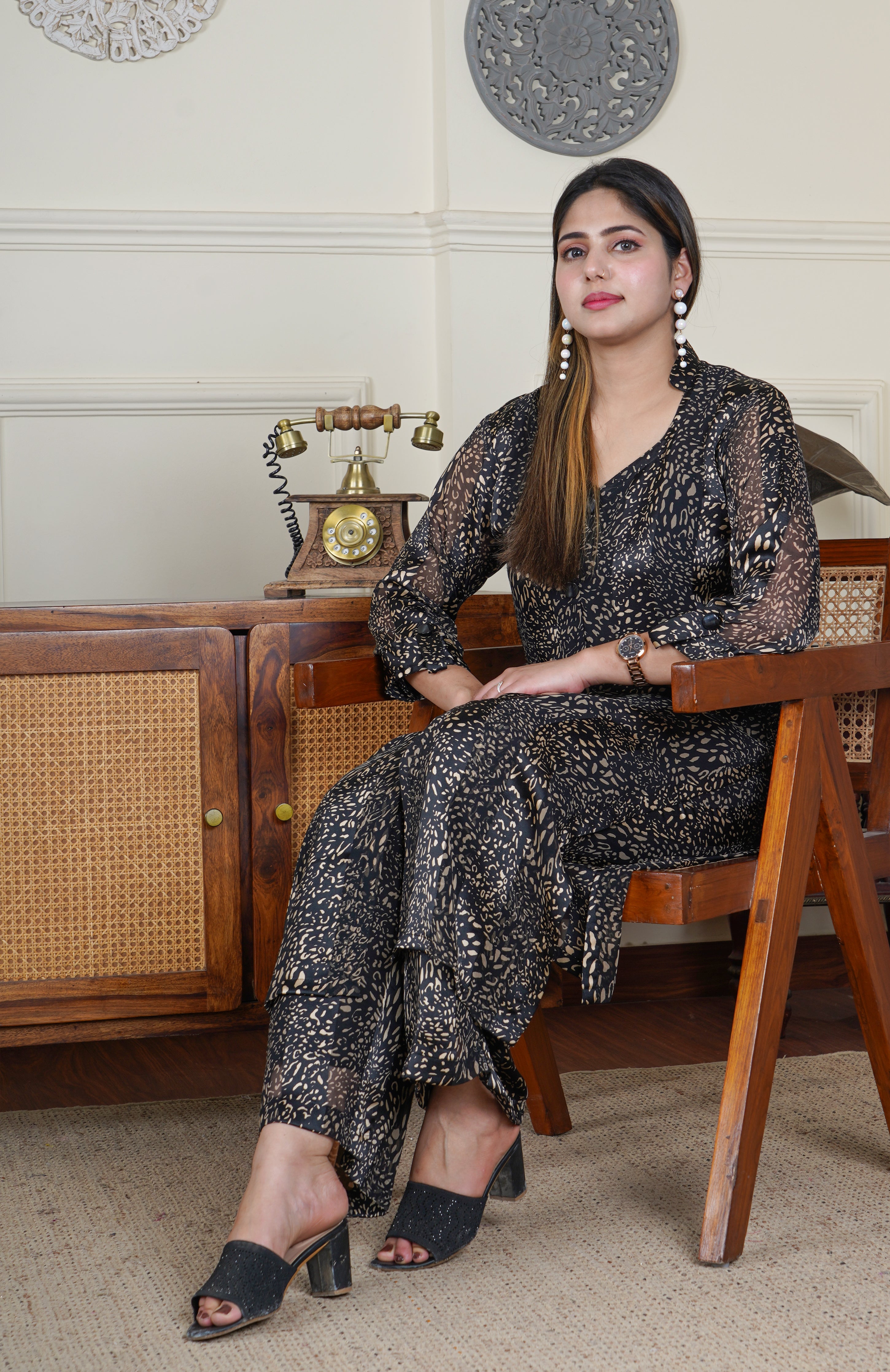 Satin Georgette Black and Gold Foil Print 2 Piece Co-ord Set